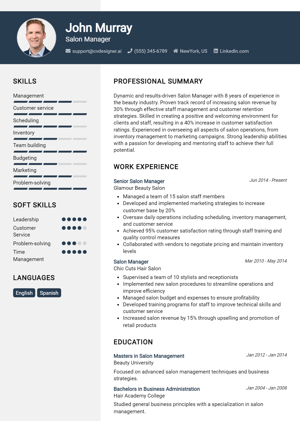 Salon Manager Resume Example for 2026: Downloadable Templates Preview