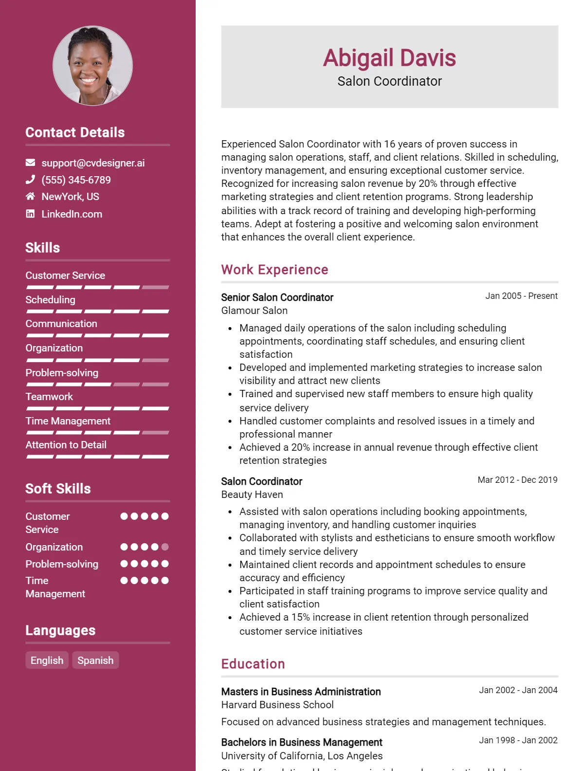 Salon Coordinator CV Example For 2026: Samples & Best Practices Preview