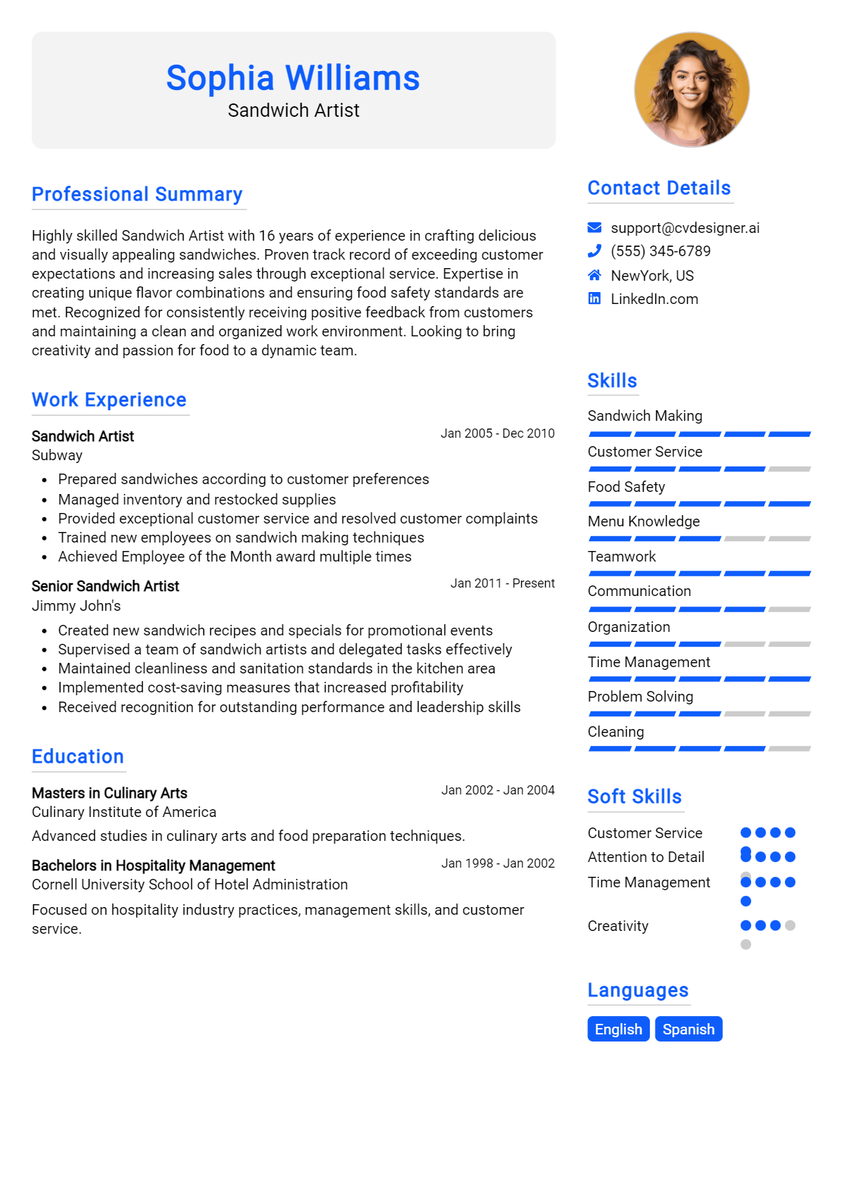 Sandwich Artist Resume Example for 2026: Samples & Best Practices Preview