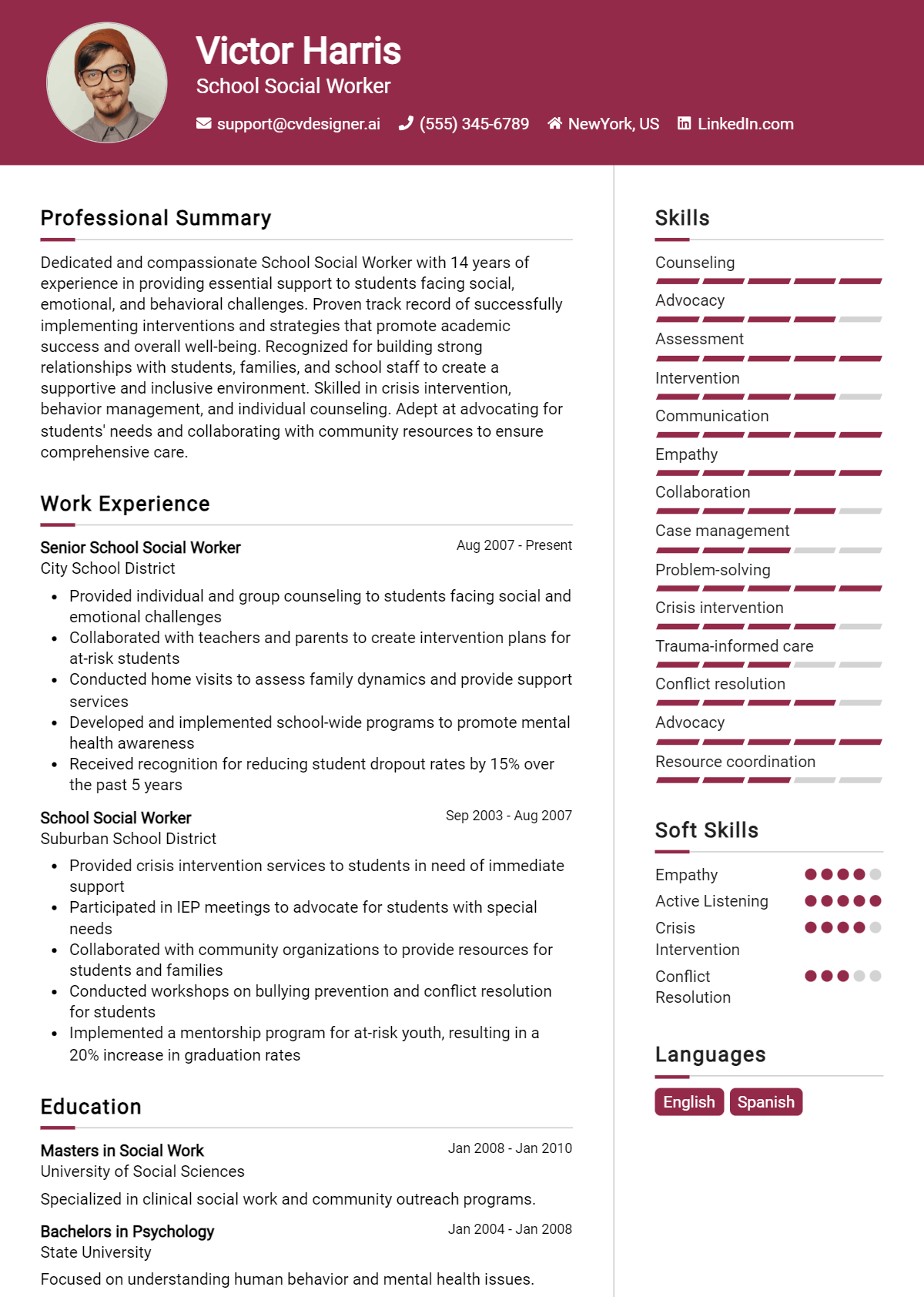 School Social Worker Resume Example for 2026: Top CV Skills Preview