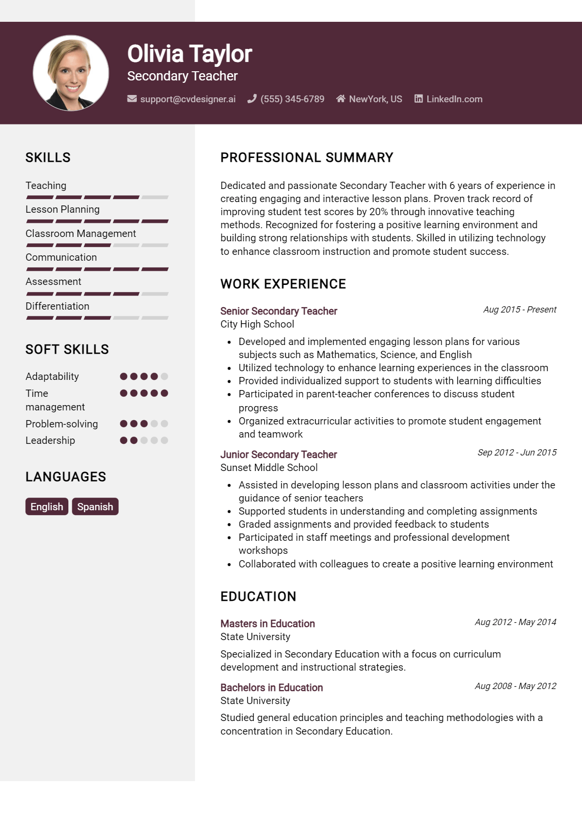 Secondary Teacher Resume Example for 2026: How to Create a Professional CV Preview