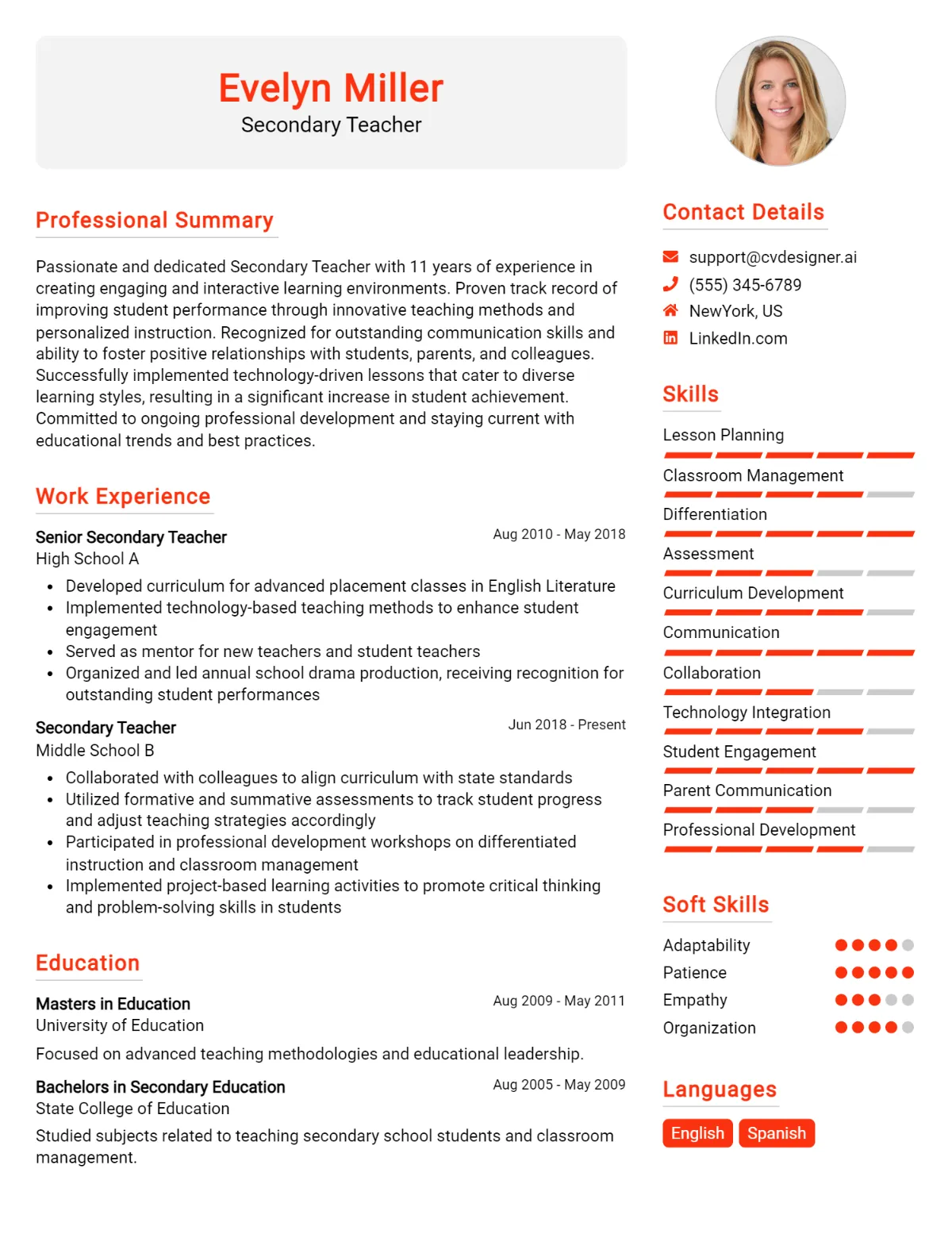 Secondary Teacher CV Example For 2026: Professional CV Templates Preview