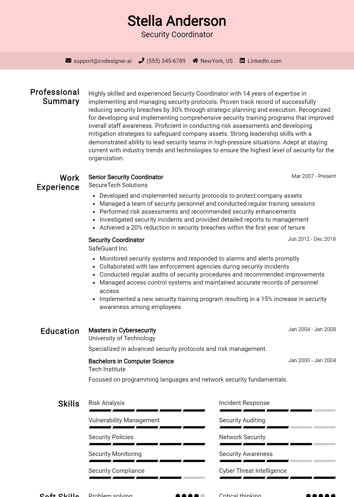 Security Coordinator Resume Example for 2026: Top CV Skills Preview