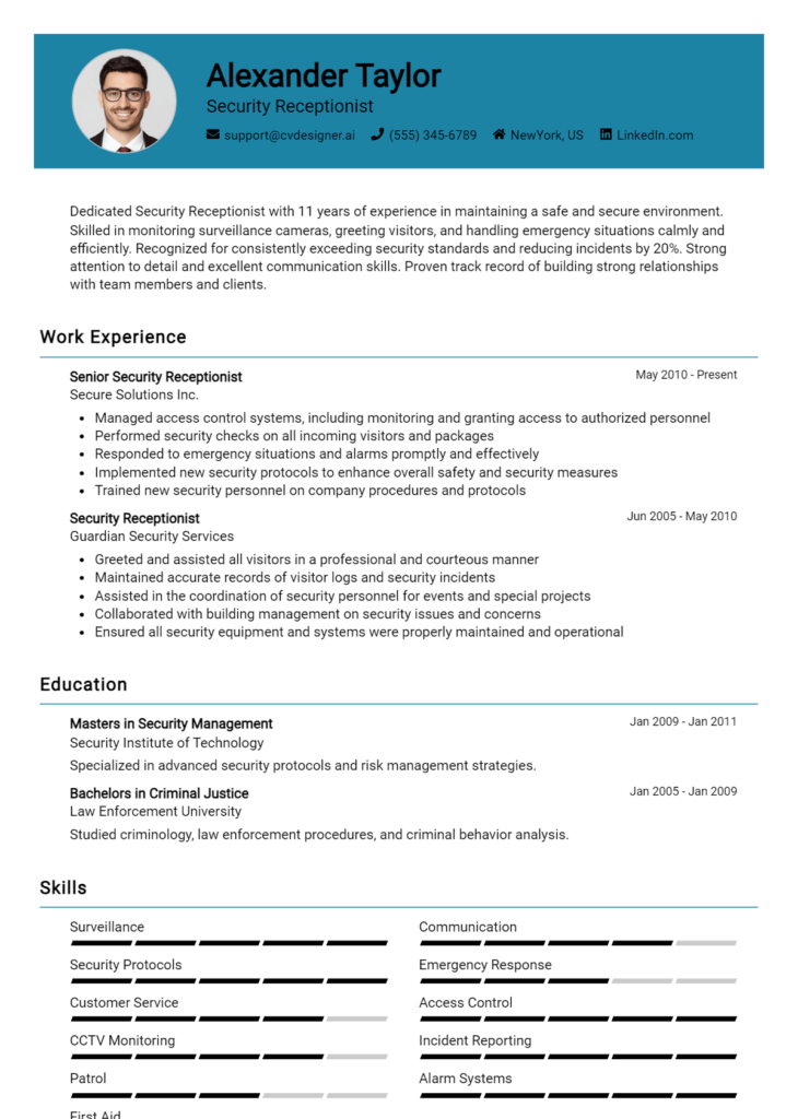 Security Receptionist Resume Example
