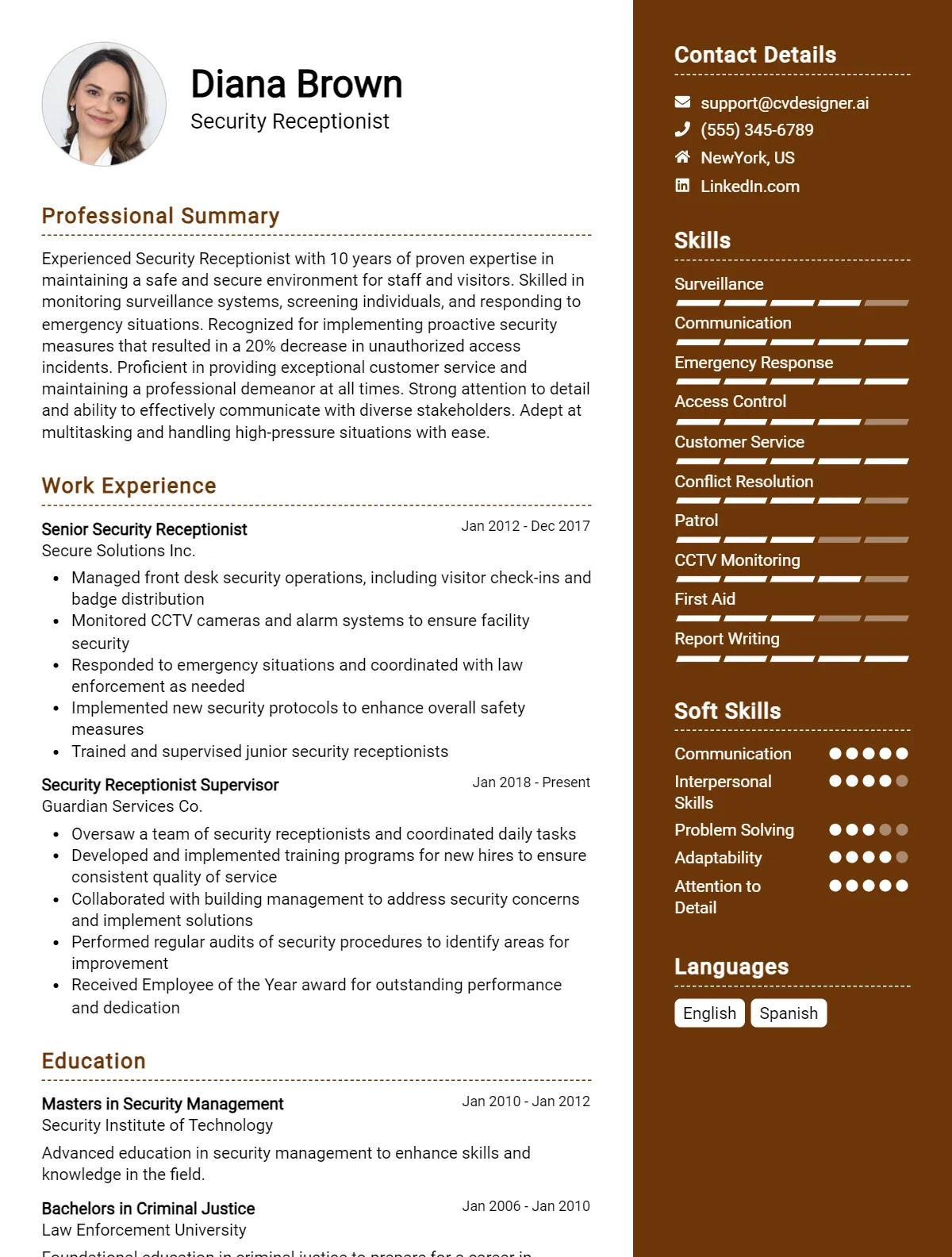 Security Receptionist CV Example For 2026: Professional CV Templates Preview
