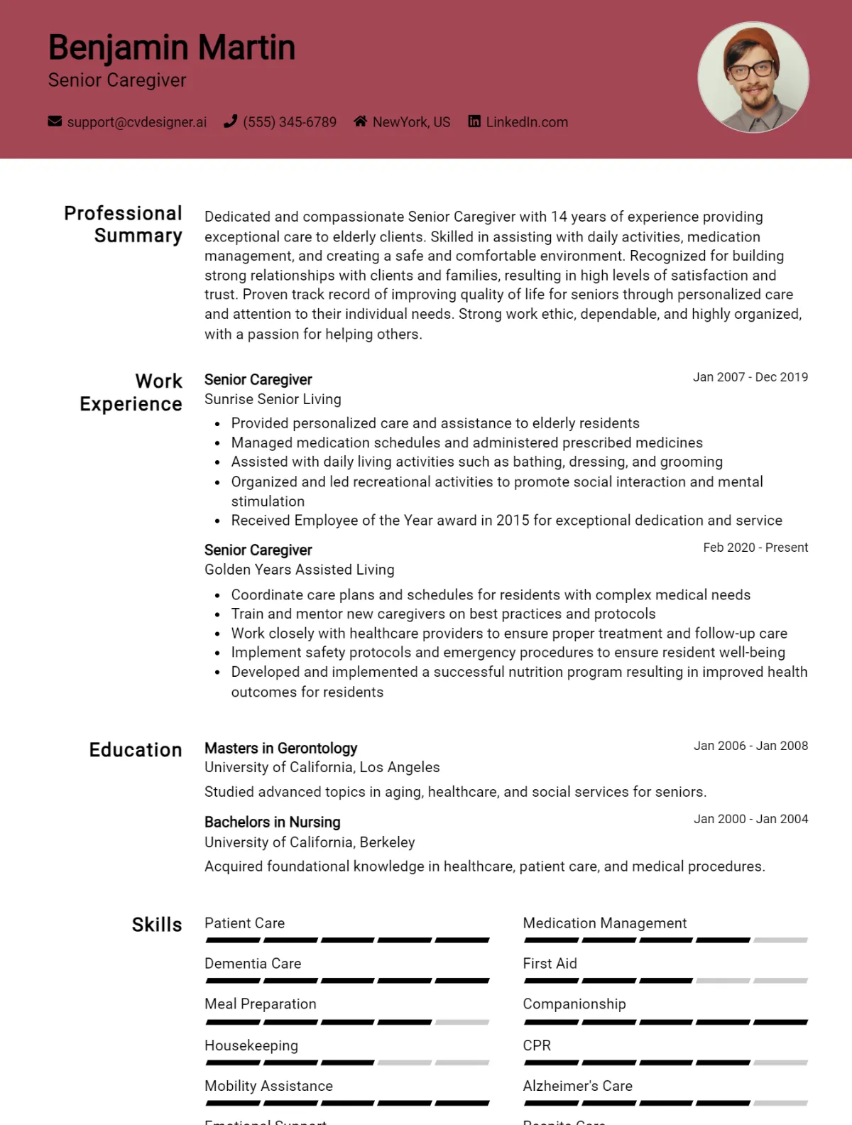 Senior Caregiver CV Example For 2026: Professional CV Templates Preview