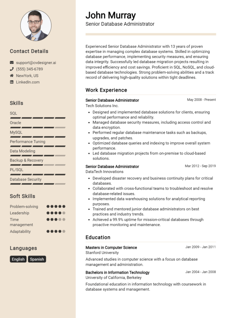 Senior Database Administrator Resume Example