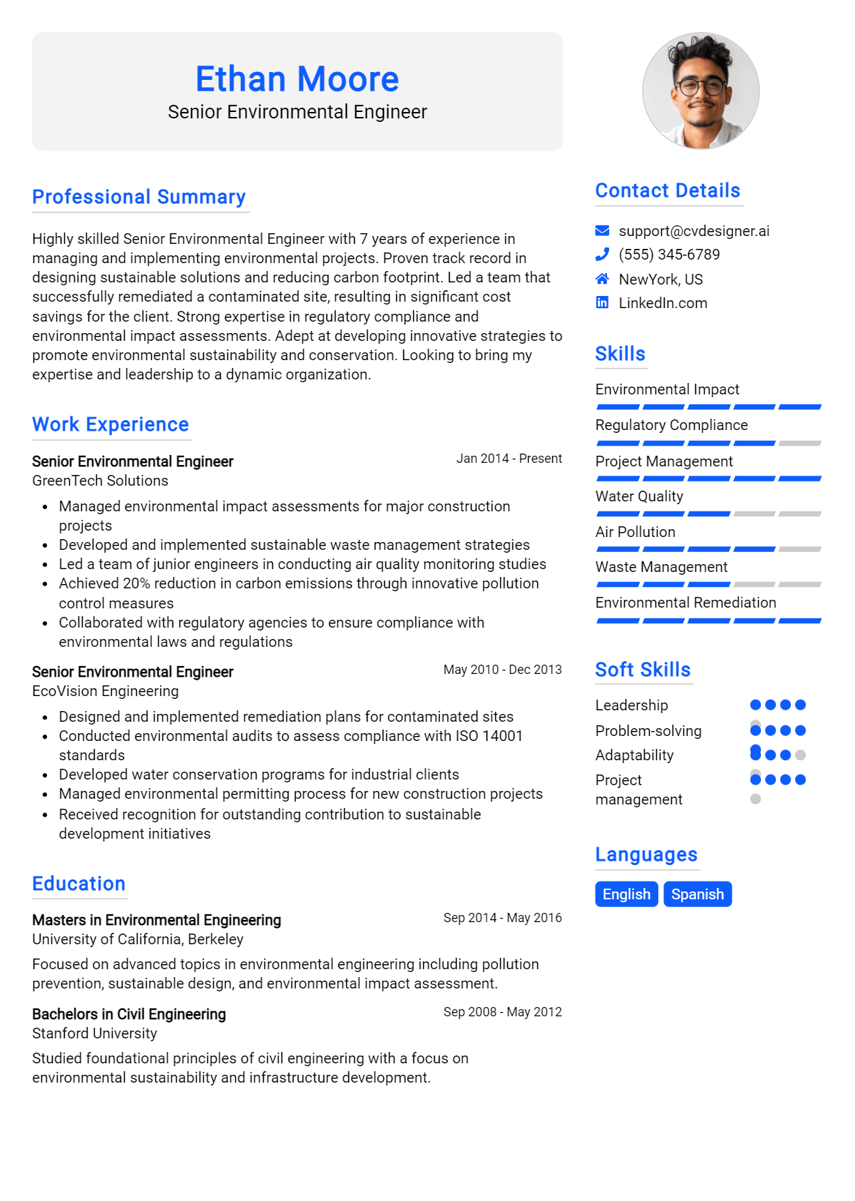 Senior Environmental Engineer Resume Example for 2026: Professional CV Templates Preview
