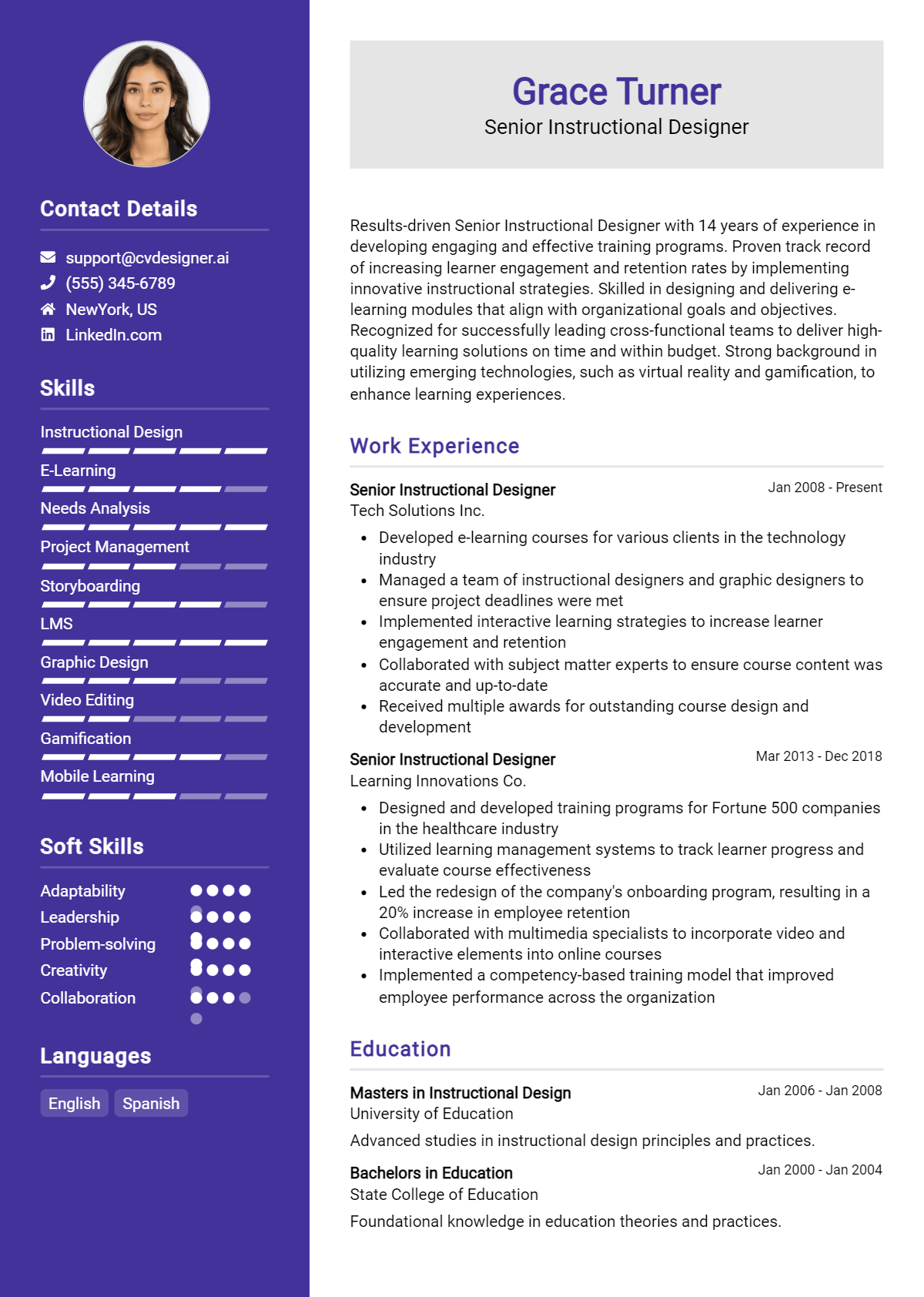 Senior Instructional Designer Resume Example for 2026: Free Professional Templates Preview