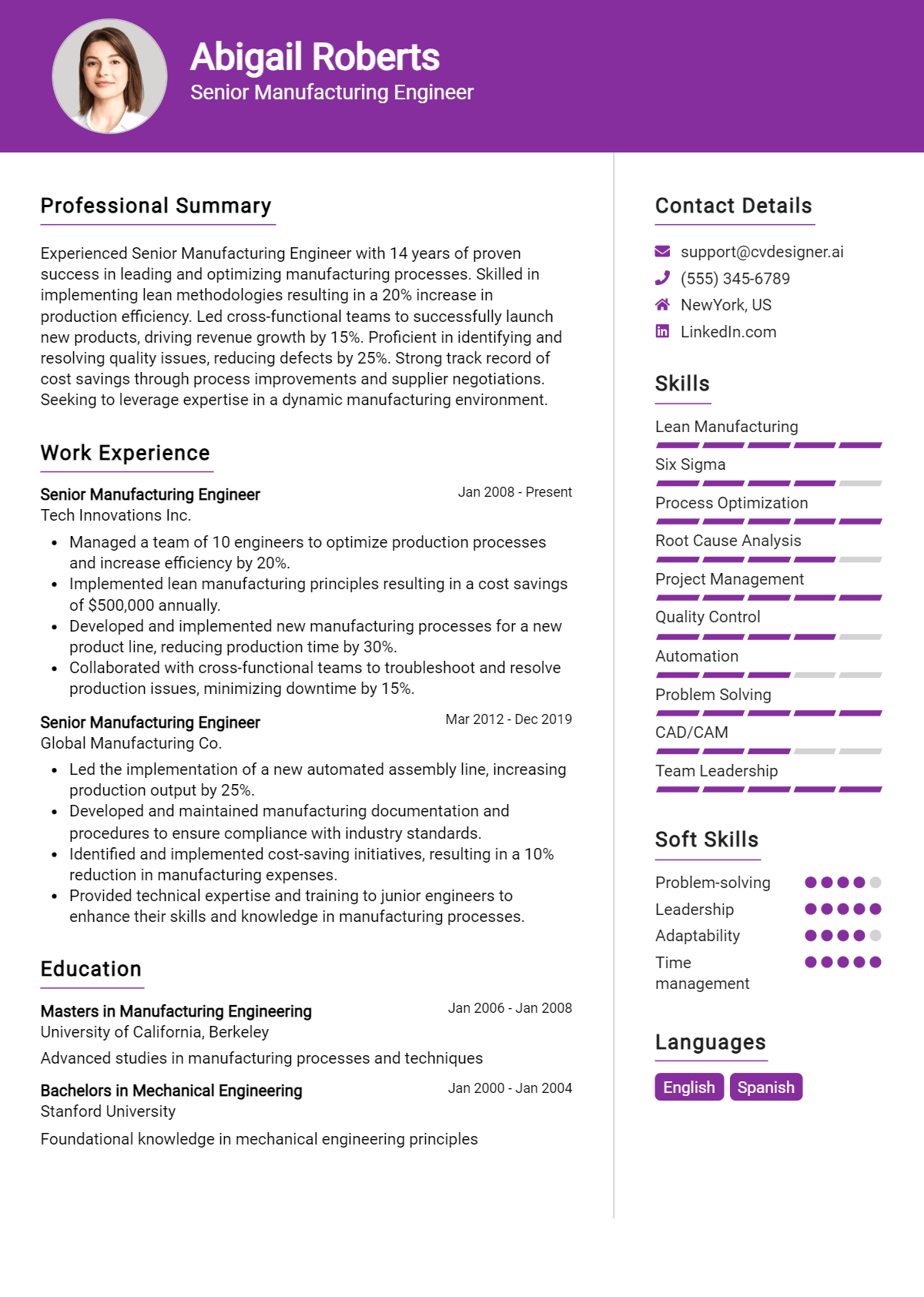 Senior Manufacturing Engineer Resume Example for 2026: Free Professional Templates Preview
