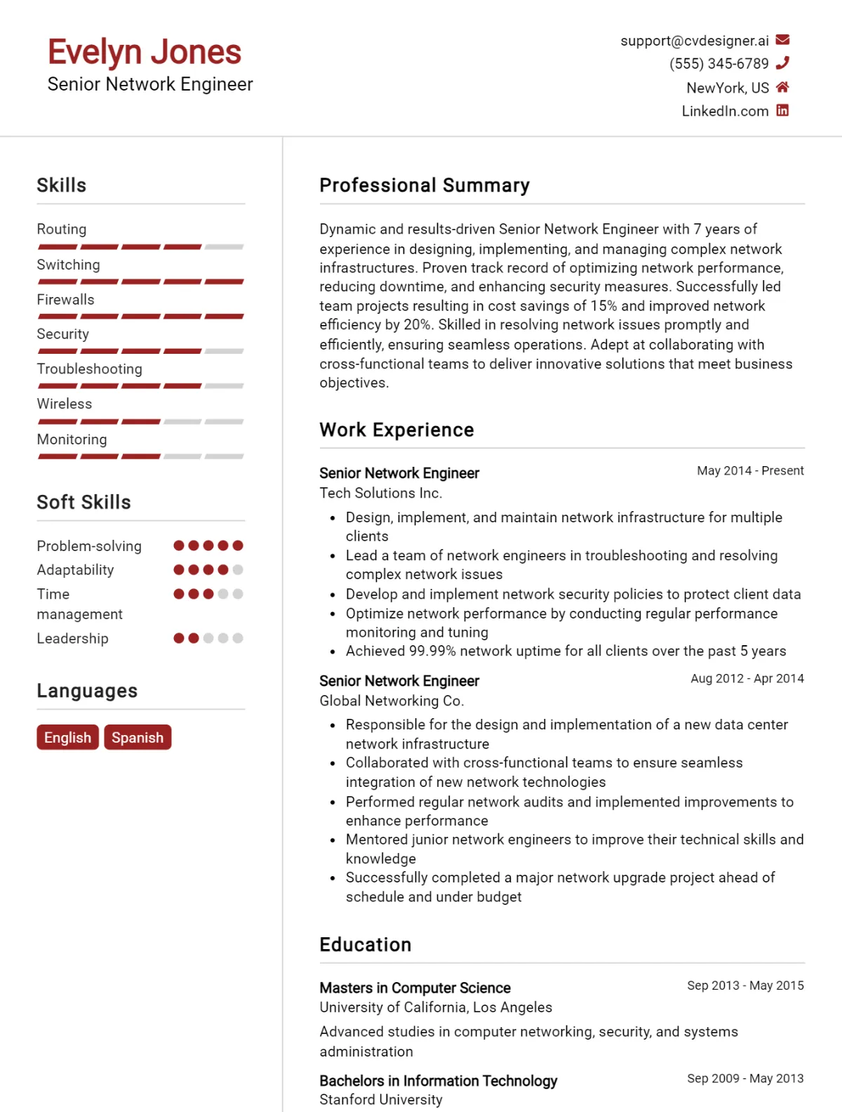 Senior Network Engineer CV Example For 2026: Examples & Free Templates Preview