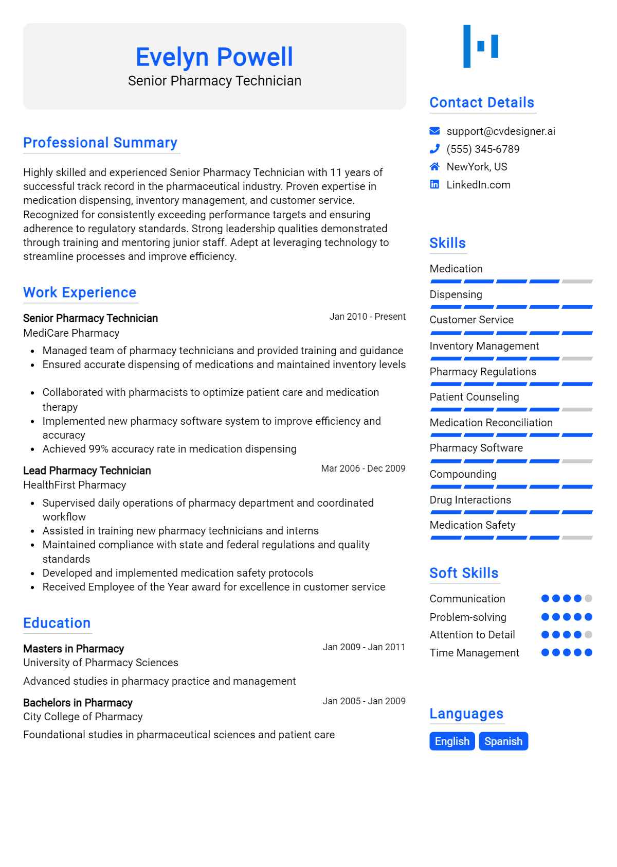 Senior Pharmacy Technician Resume Example for 2026: Examples & Free Templates Preview
