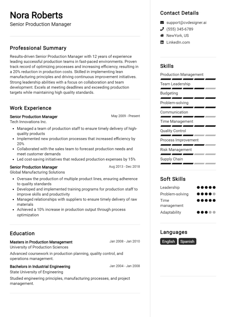 Senior Production Manager Resume Example