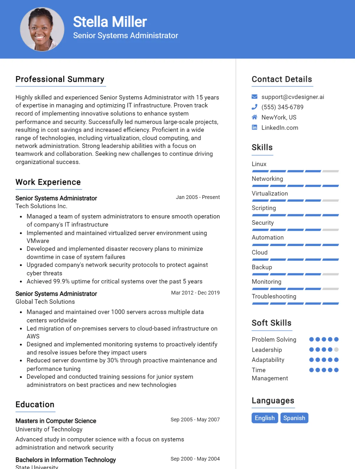 Senior Systems Administrator CV Example For 2026: Professional CV Templates Preview