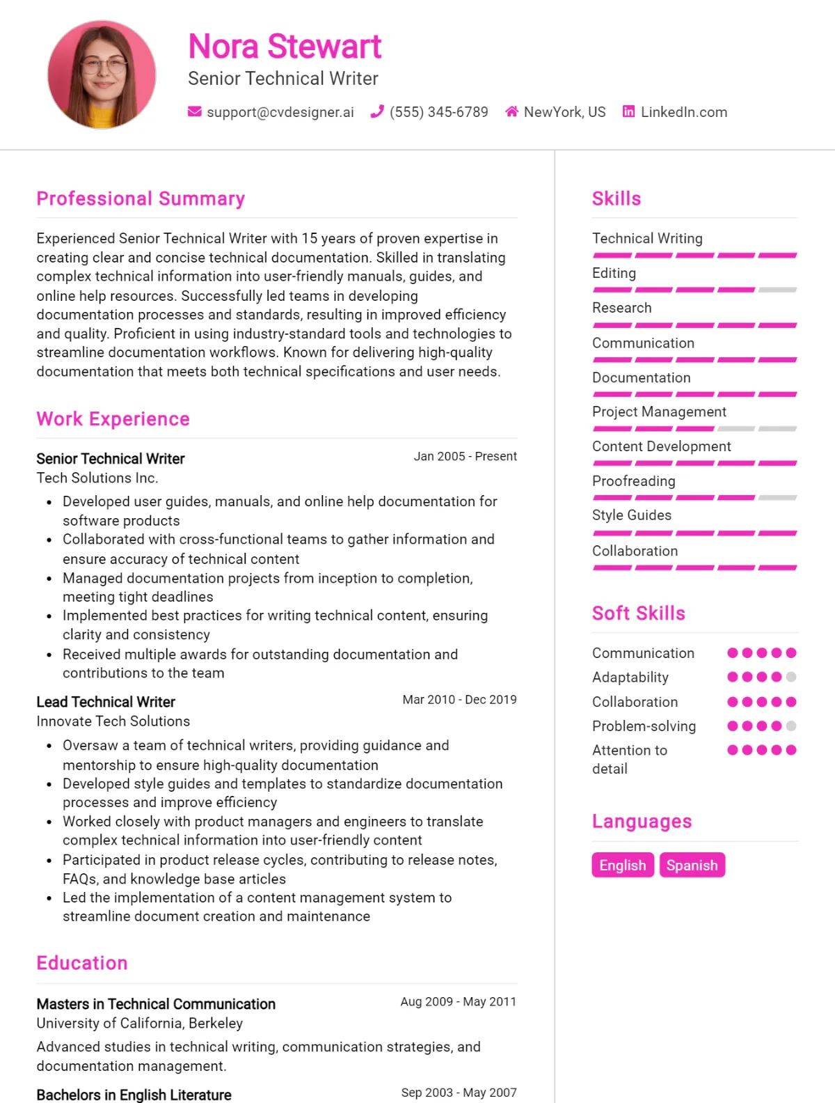 Senior Technical Writer CV Example For 2026: Professional CV Templates Preview