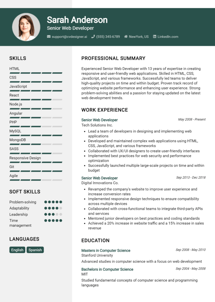 Senior Web Developer Resume Example