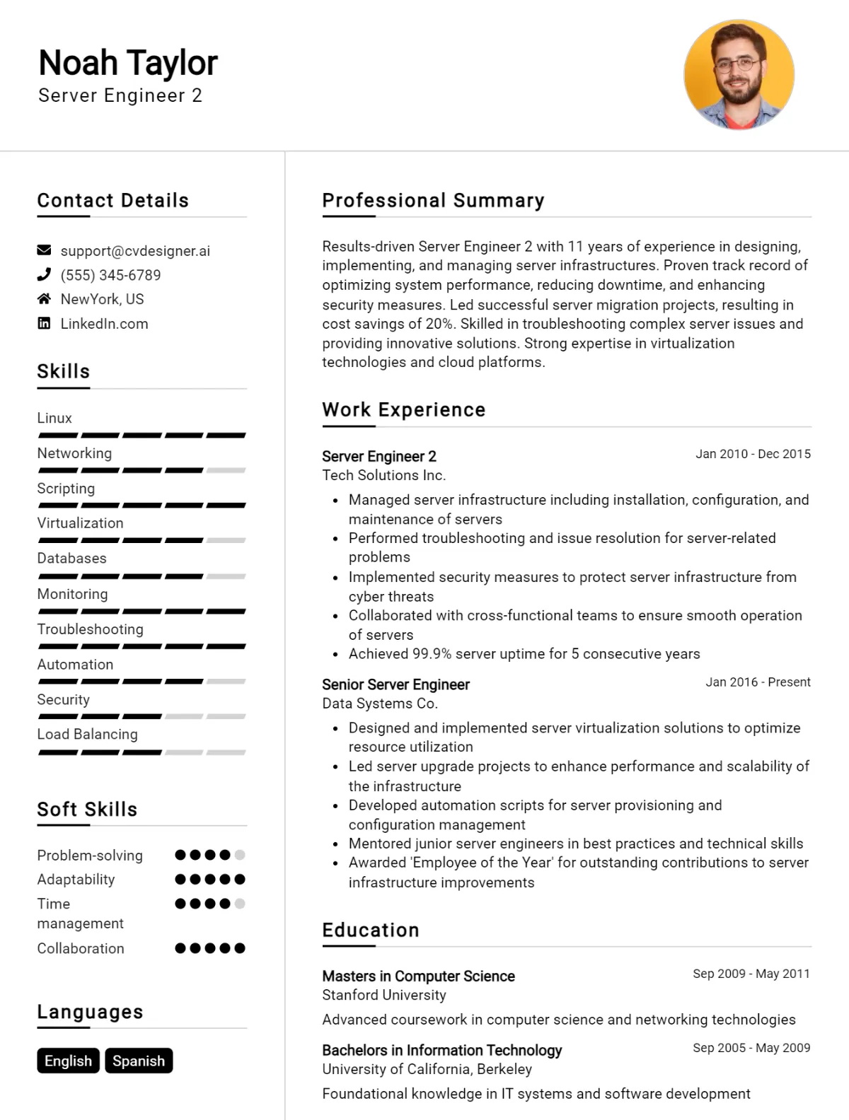 Server Engineer CV Example For 2026: Free Professional Templates Preview
