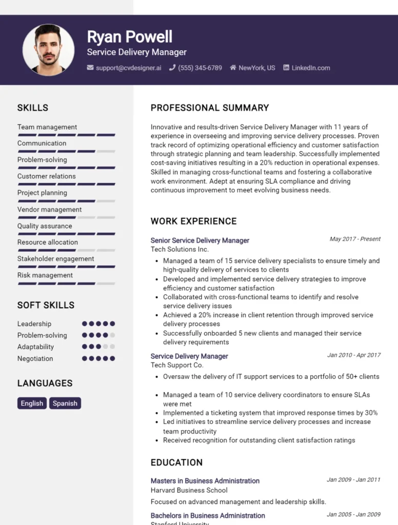 Service Delivery Manager CV Example