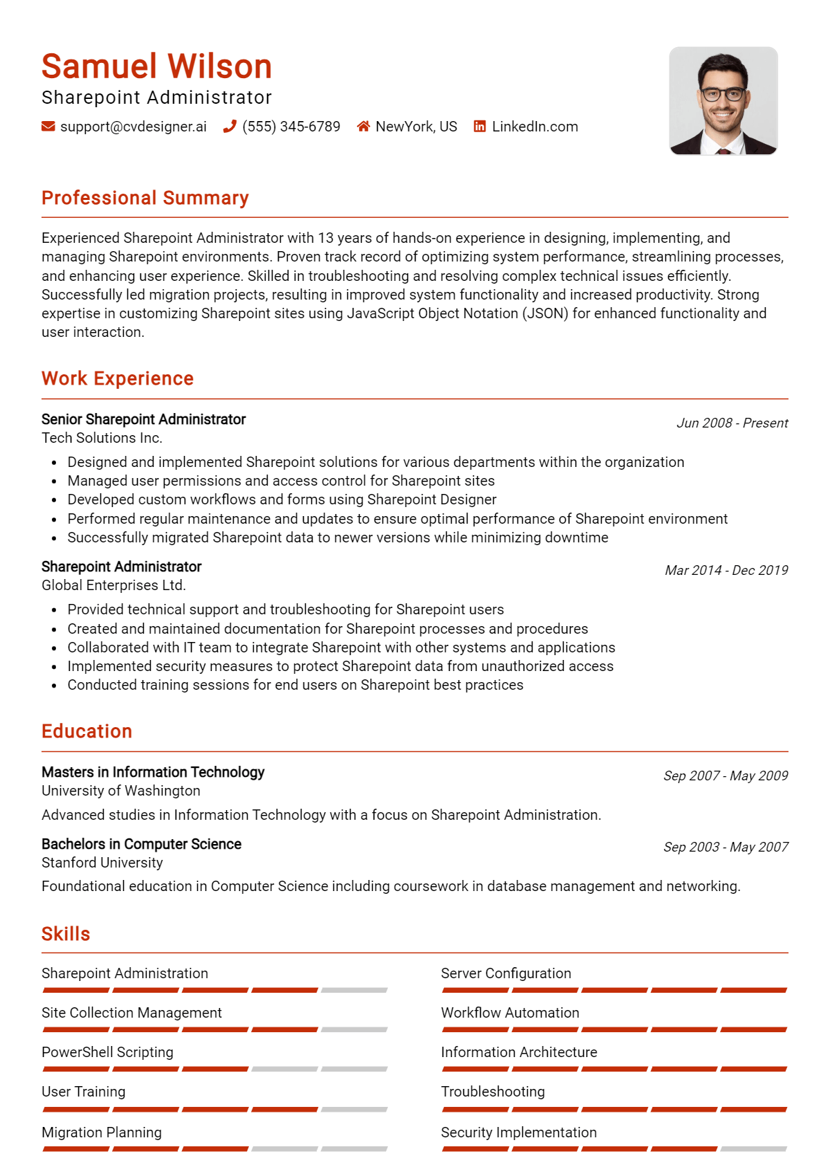 SharePoint Administrator Resume Example for 2026: Top CV Skills Preview