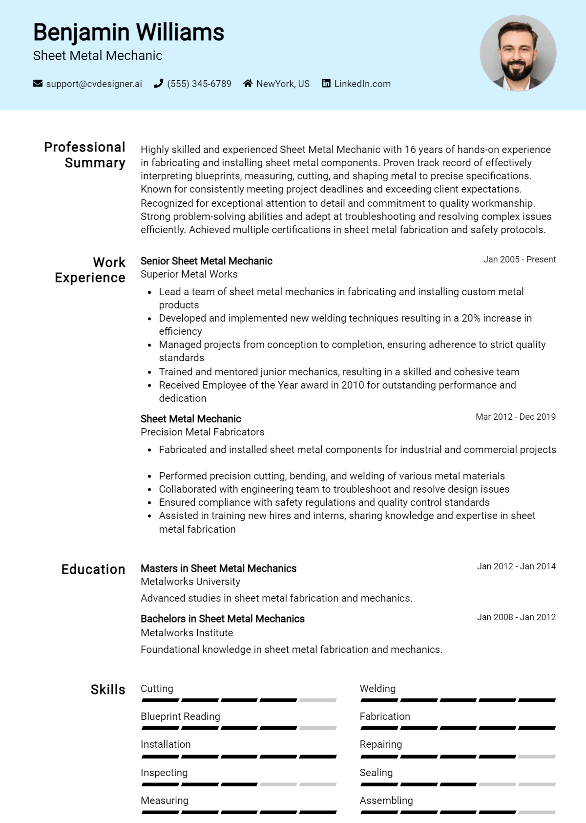 Sheet Metal Mechanic Resume Example for 2026: Top CV Skills Preview