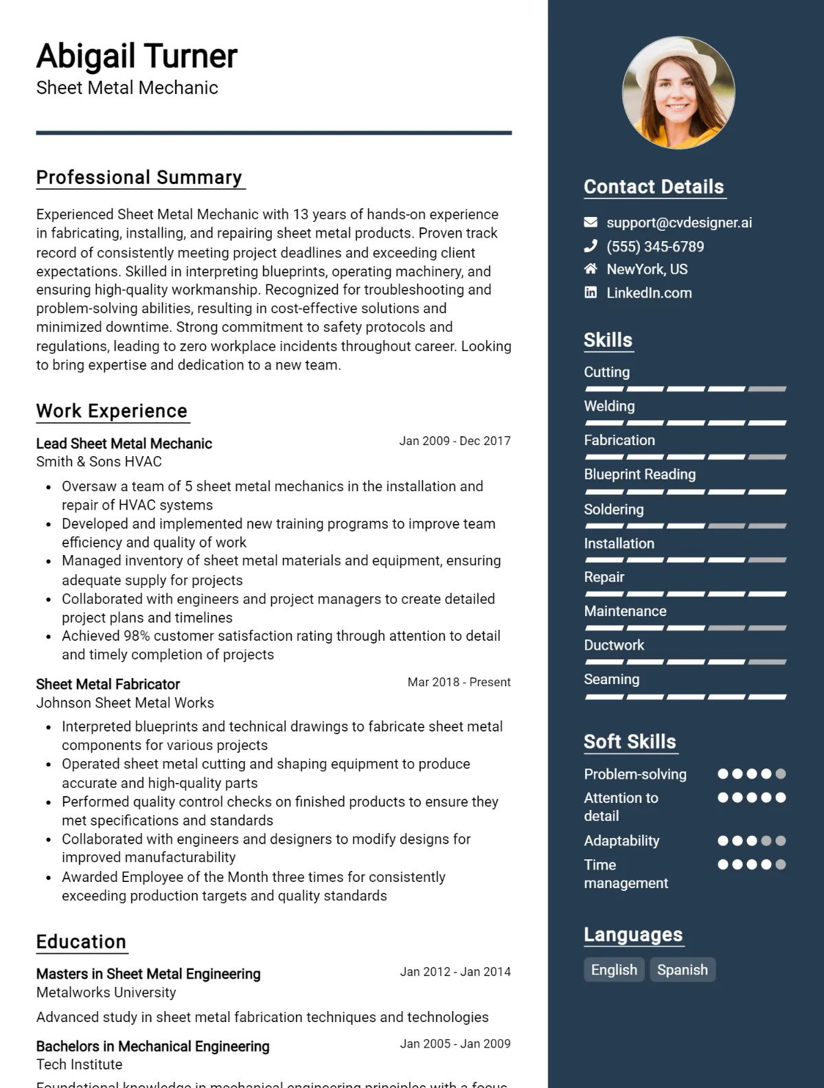 Sheet Metal Mechanic CV Example For 2026: Professional CV Templates Preview