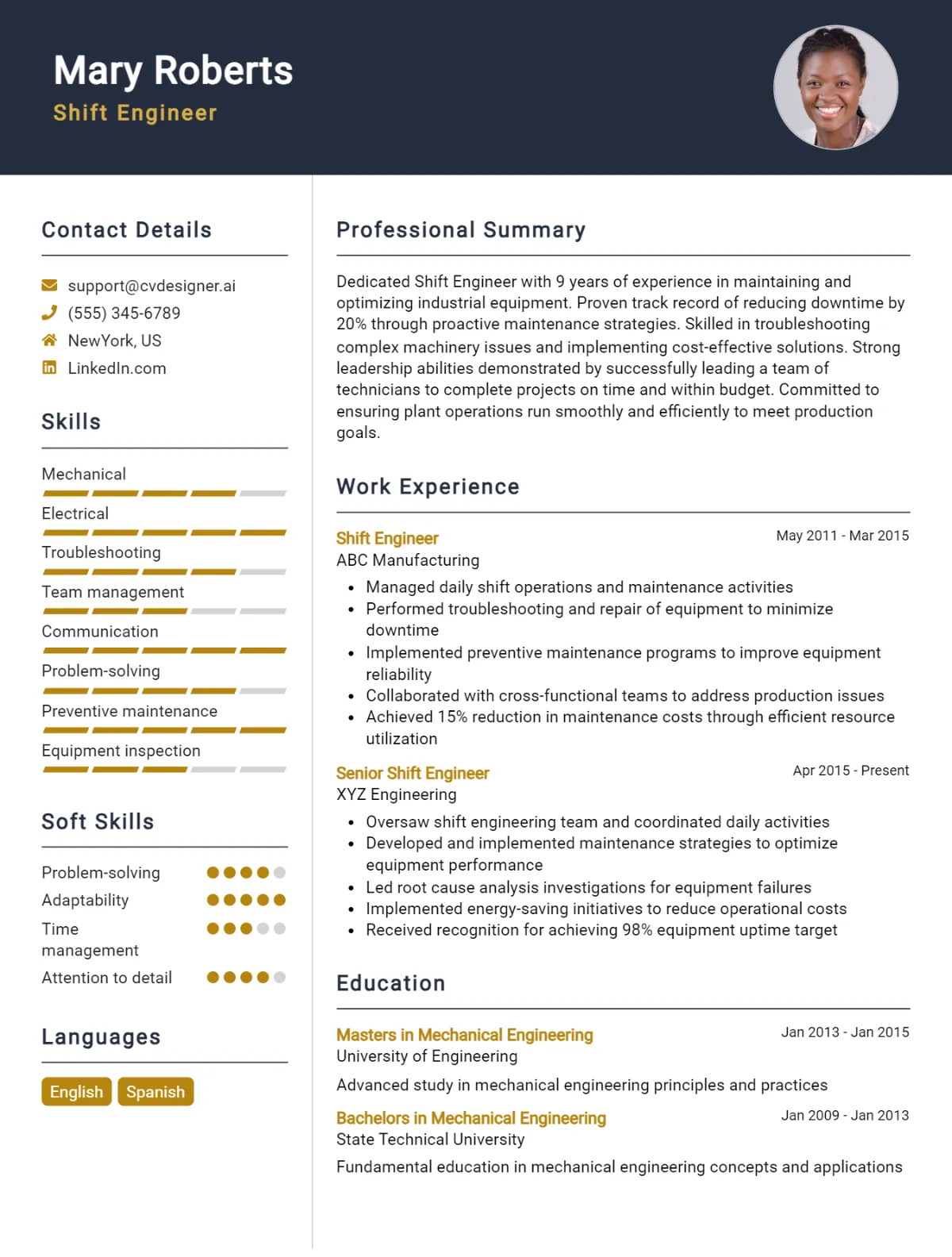 Shift Engineer CV Example For 2026: Samples & Best Practices Preview
