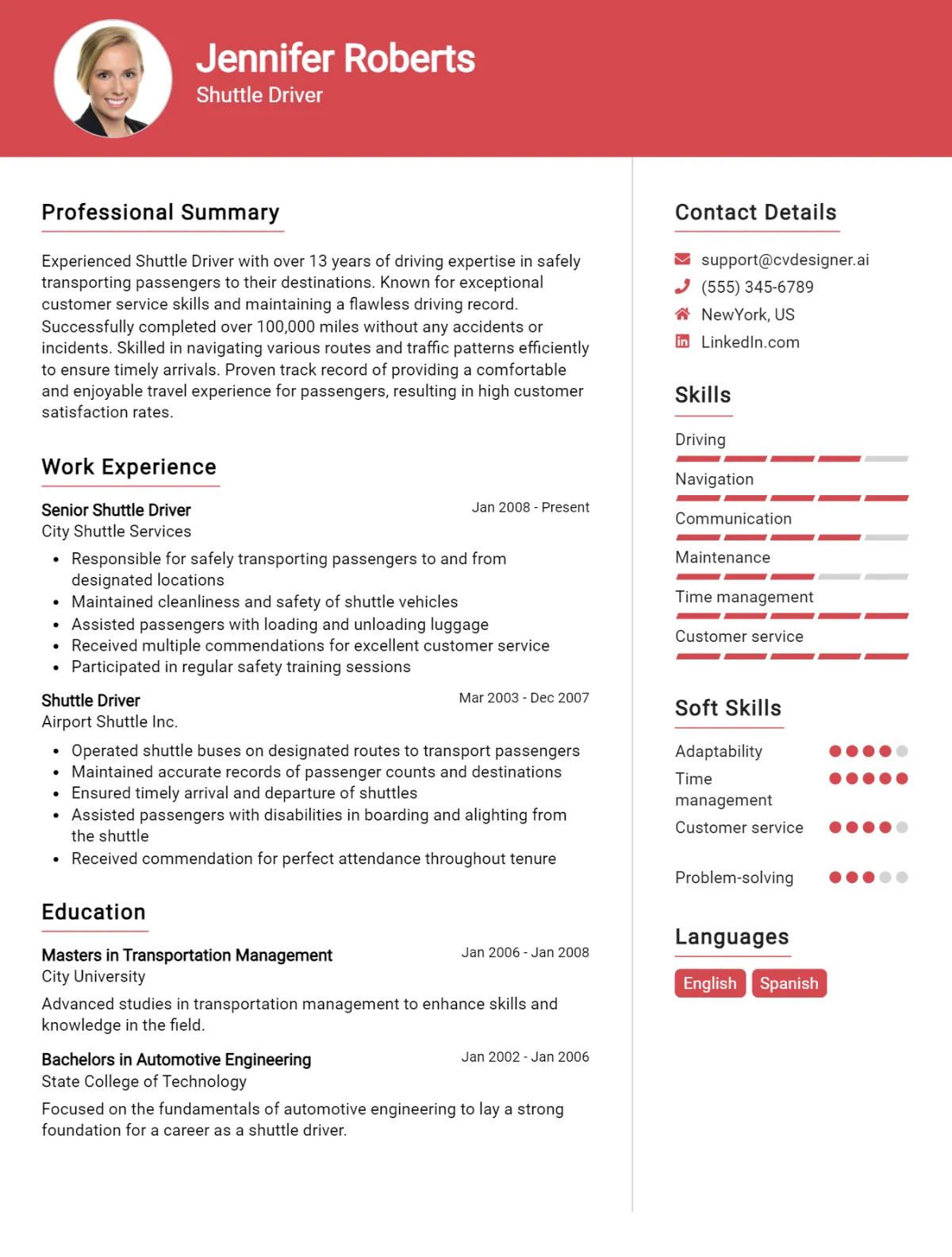 Shuttle Driver CV Example For 2026: Professional CV Templates Preview