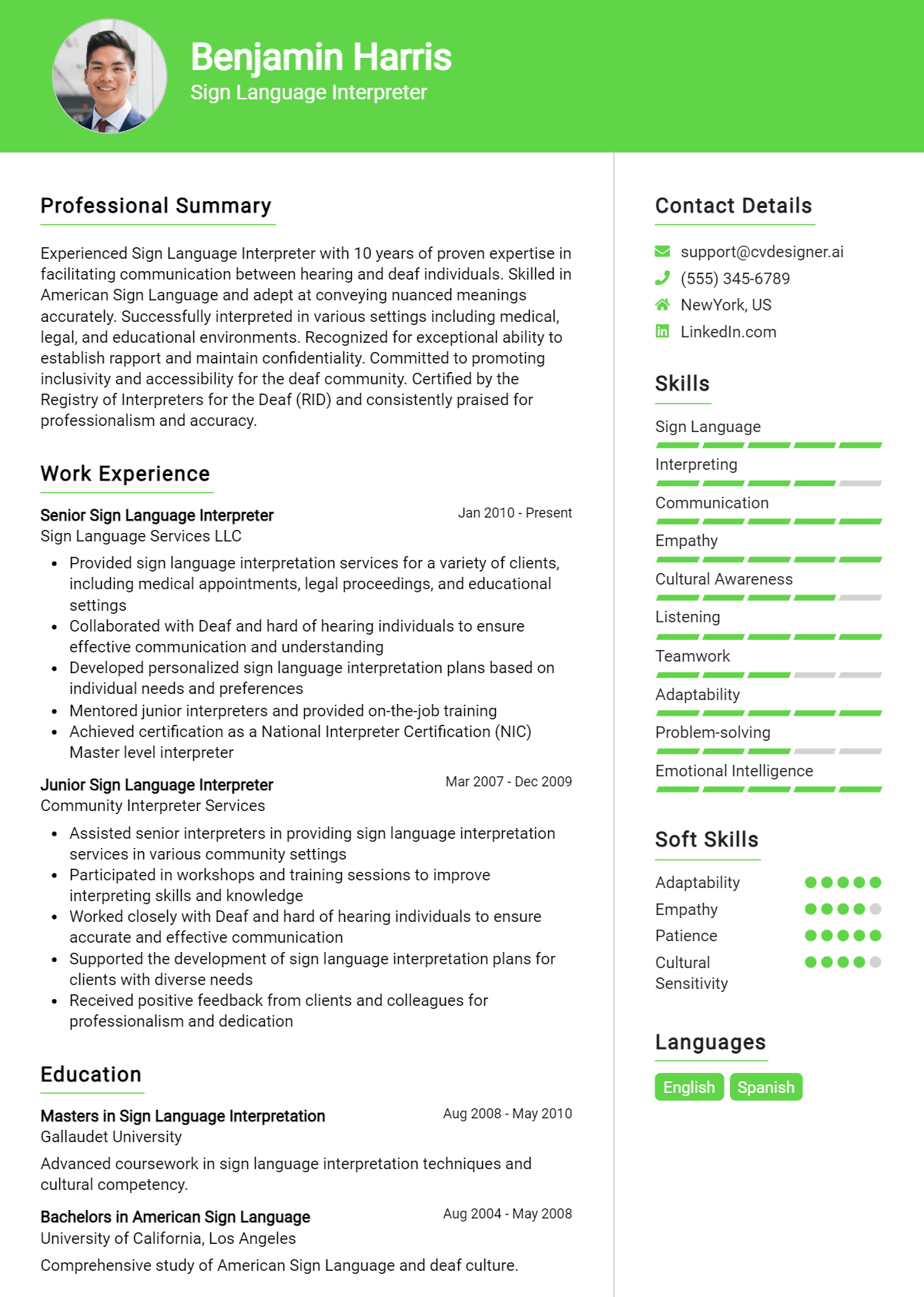 Sign Language Interpreter Resume Example for 2026: How to Craft a Winning CV Preview