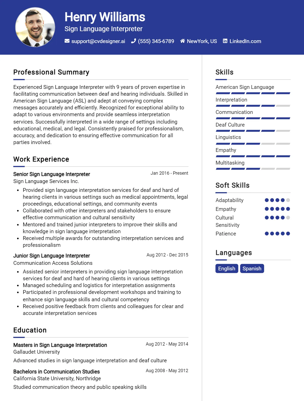 Sign Language Interpreter CV Example For 2026: Professional CV Templates Preview