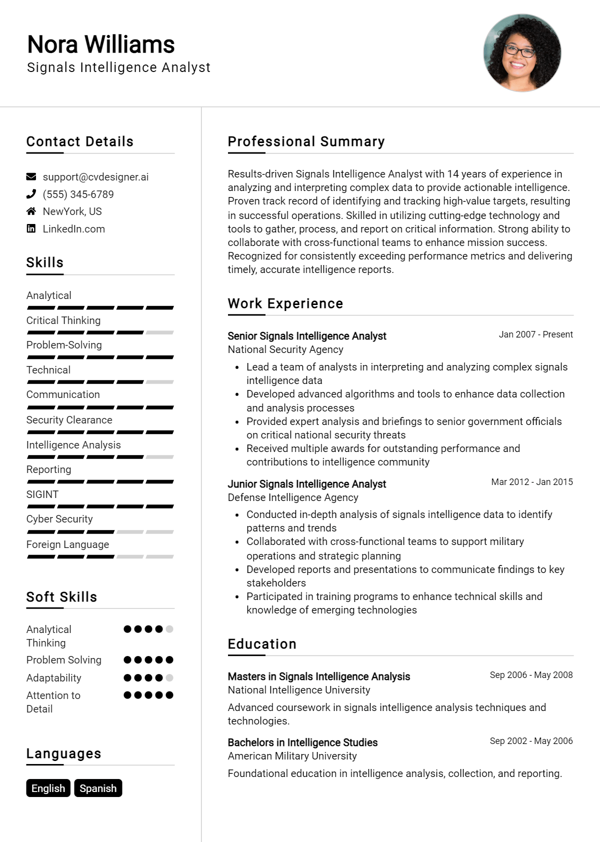Signals Intelligence Analyst Resume Example for 2026: Free Professional Templates Preview
