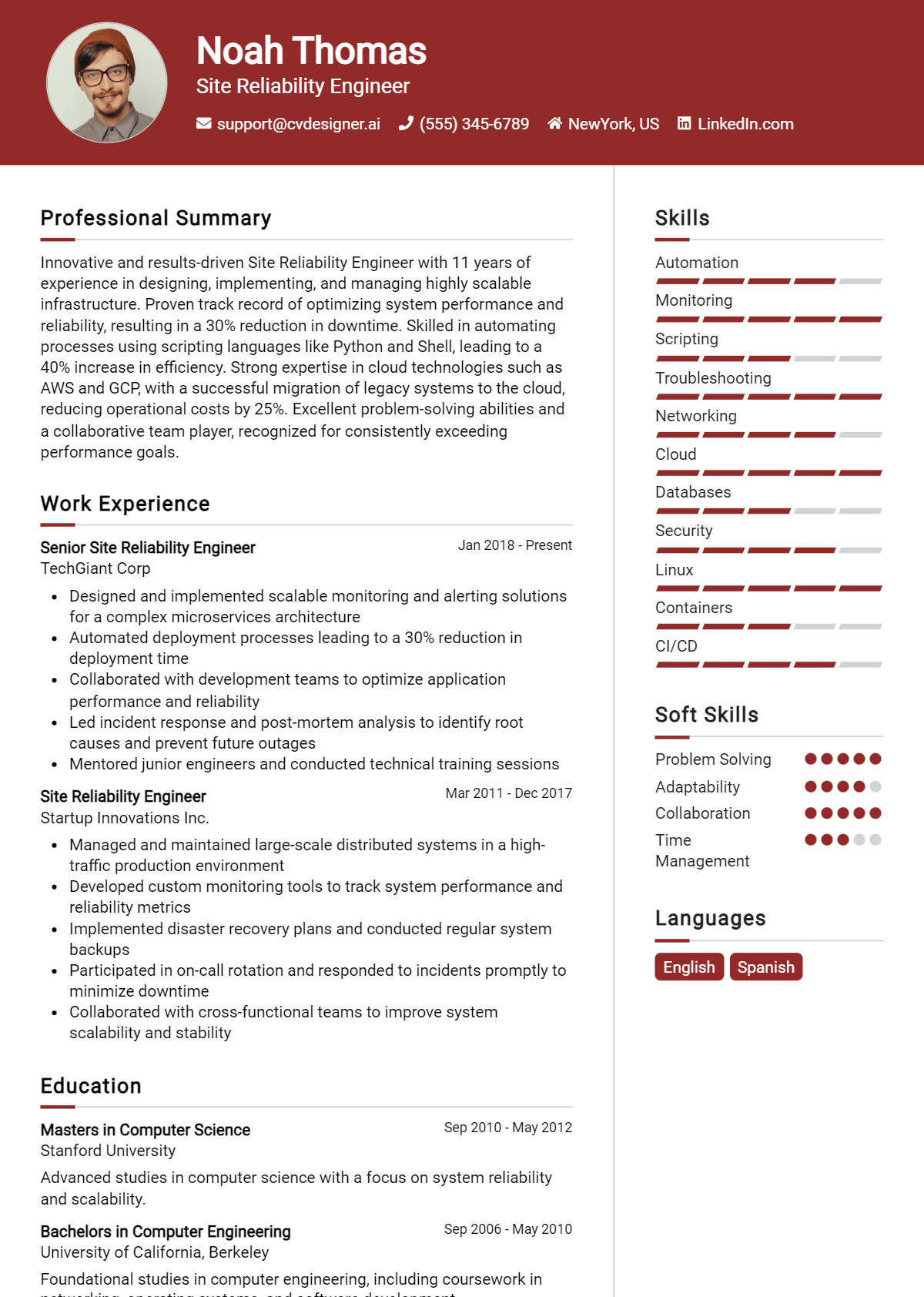 Site Reliability Engineer Resume Example for 2026: Free Samples Preview