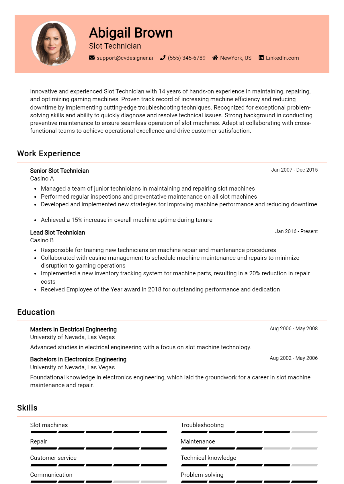 Slot Technician Resume Example for 2026: How to Create a Professional CV Preview