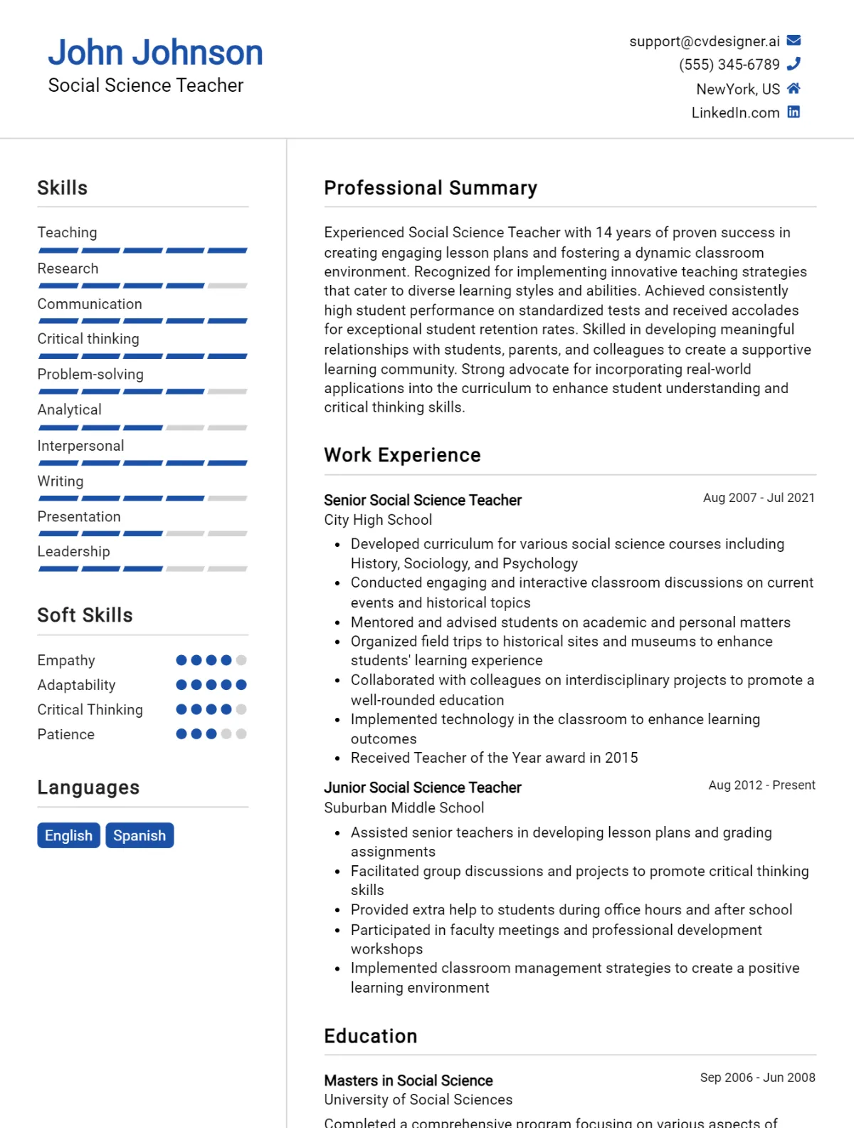 Social Science Teacher CV Example For 2026: Expert Tips & Templates Preview