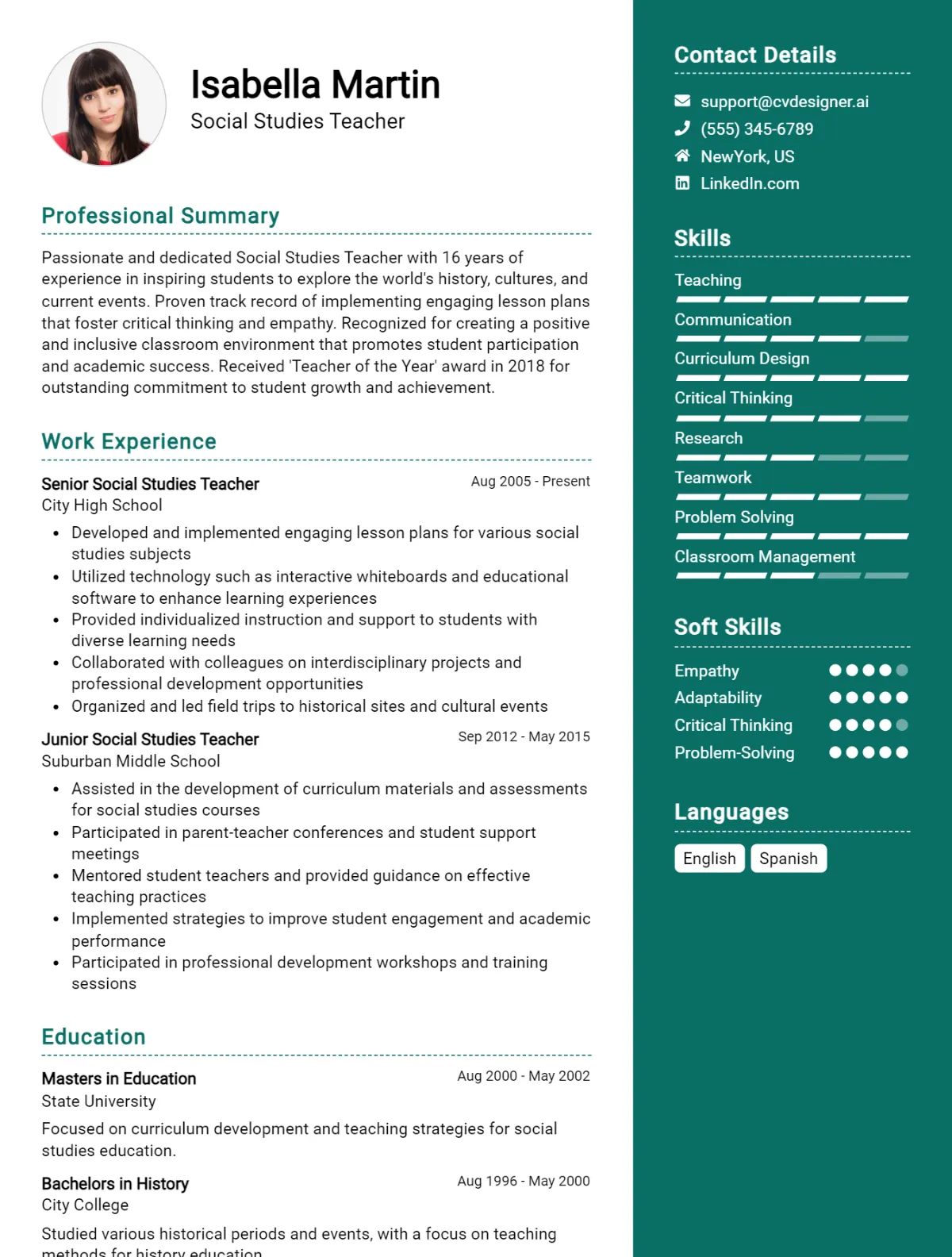 Social Studies Teacher CV Example For 2026: Best Writing Guide Preview