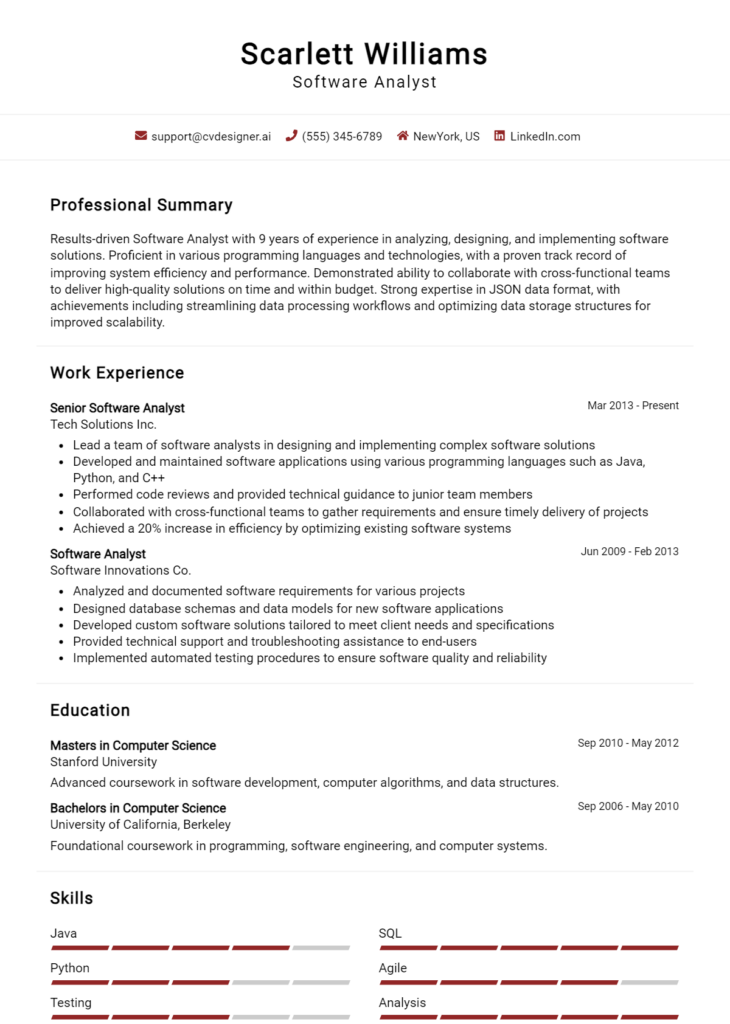 Software Analyst Resume Example