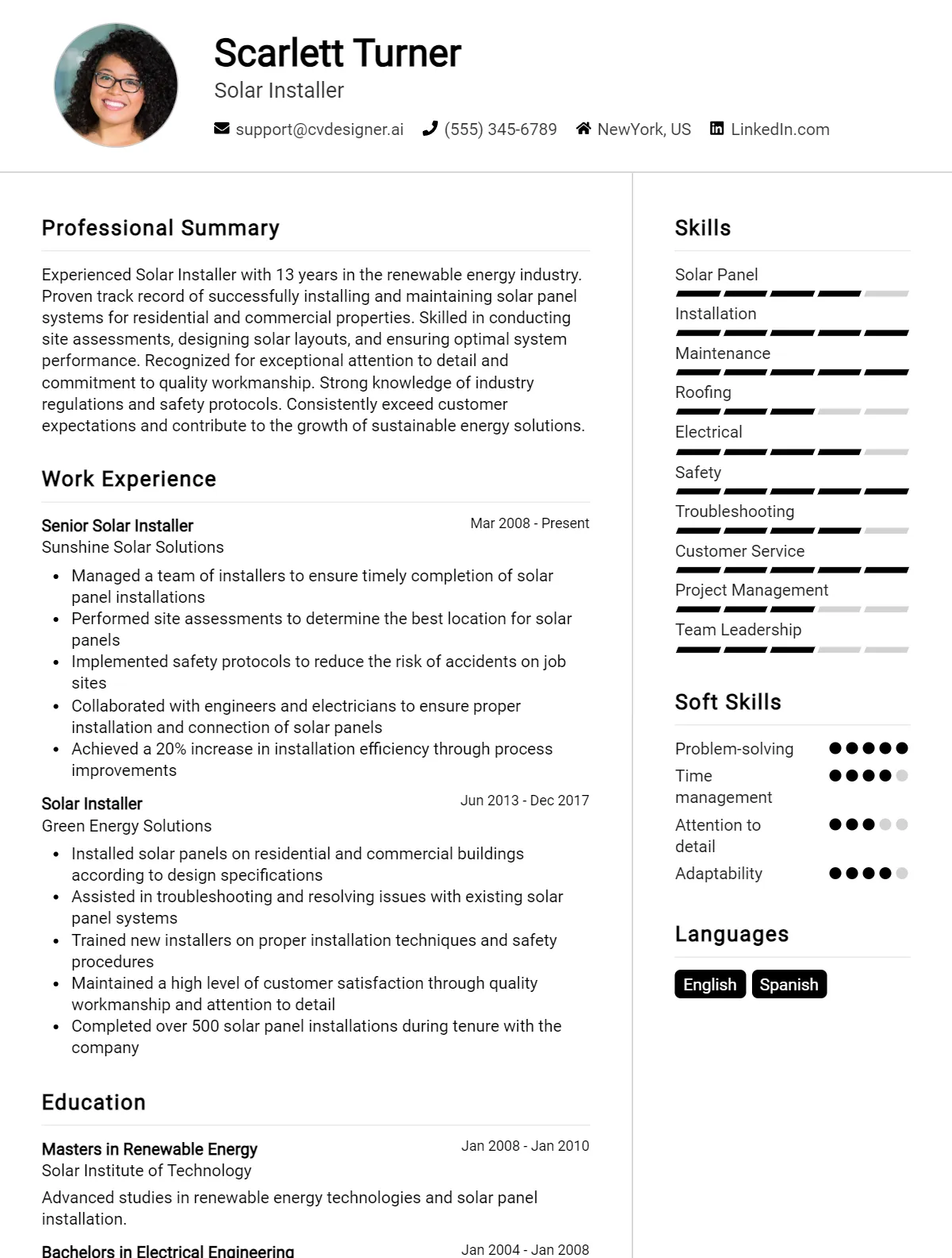 Solar Installer CV Example For 2026: Top CV Skills Preview