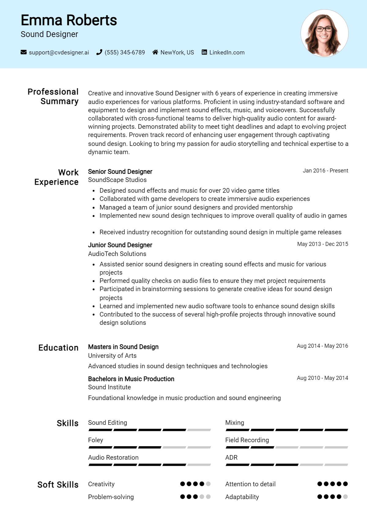Sound Designer Resume Example for 2026: Free Samples Preview