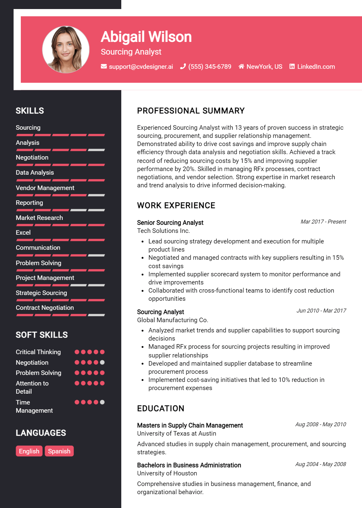 Sourcing Analyst Resume Example for 2026: Top CV Skills Preview