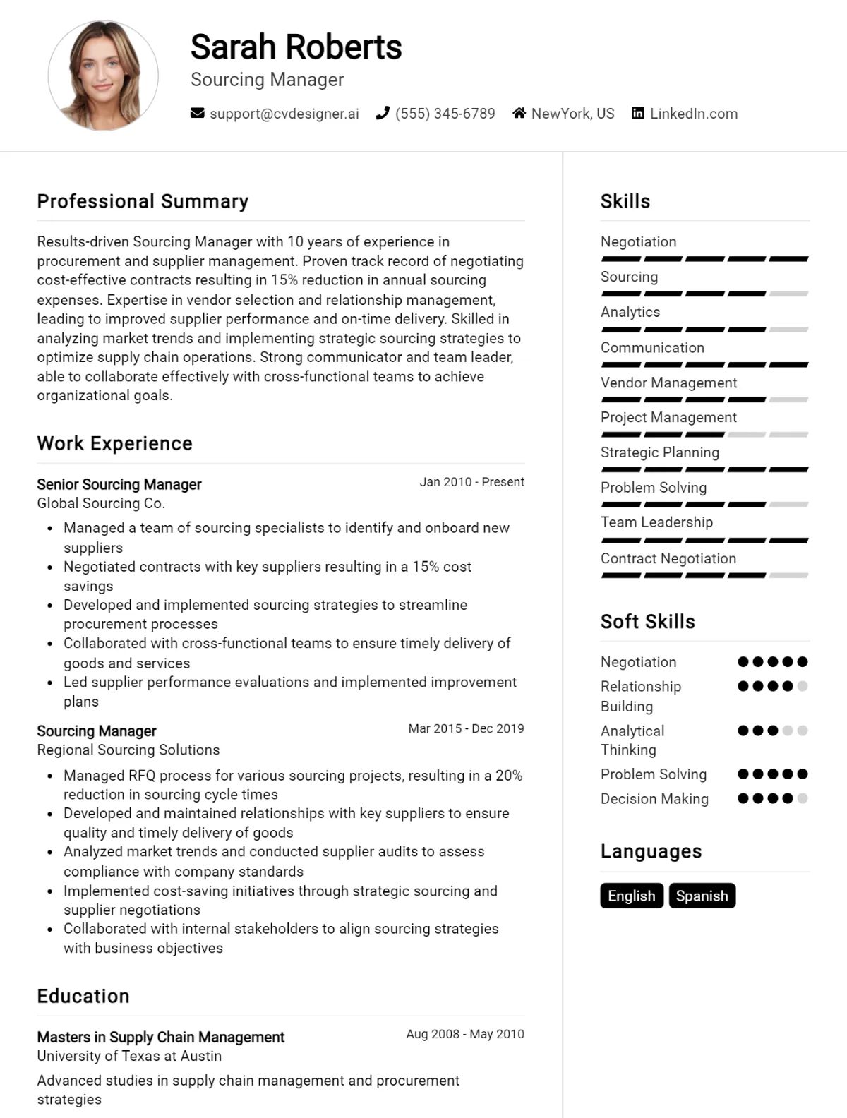 Sourcing Manager CV Example For 2026: Examples & Free Templates Preview