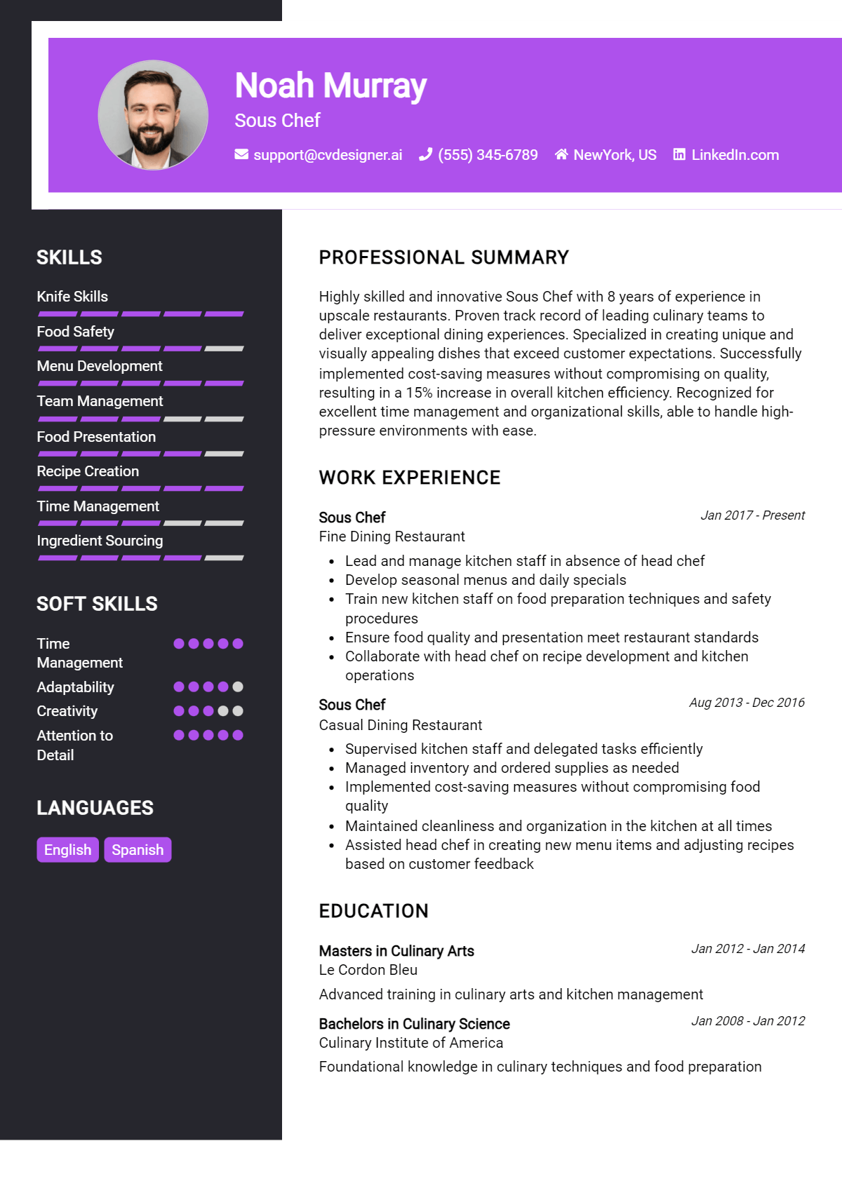 Sous Chef Resume Example for 2026: Free Examples Preview