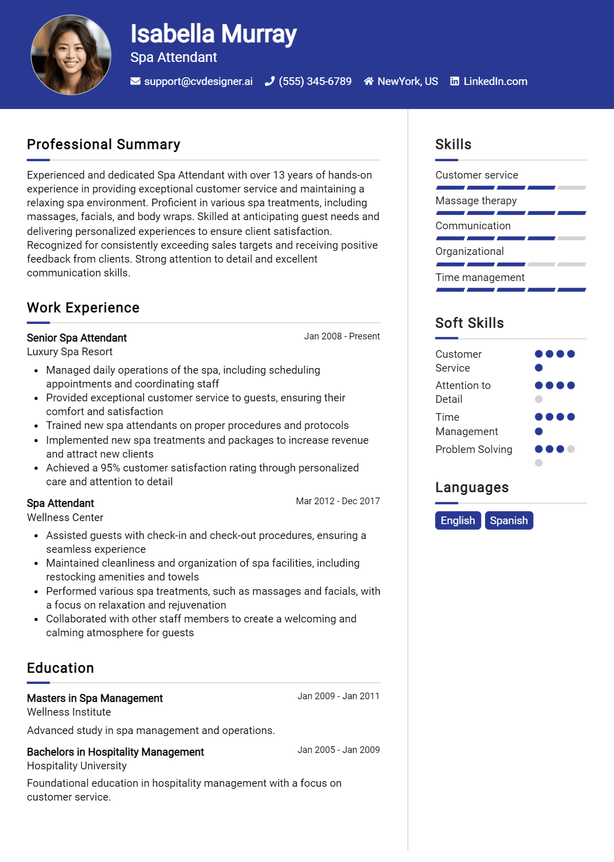 Spa Attendant Resume Example for 2026: Free Professional Templates Preview