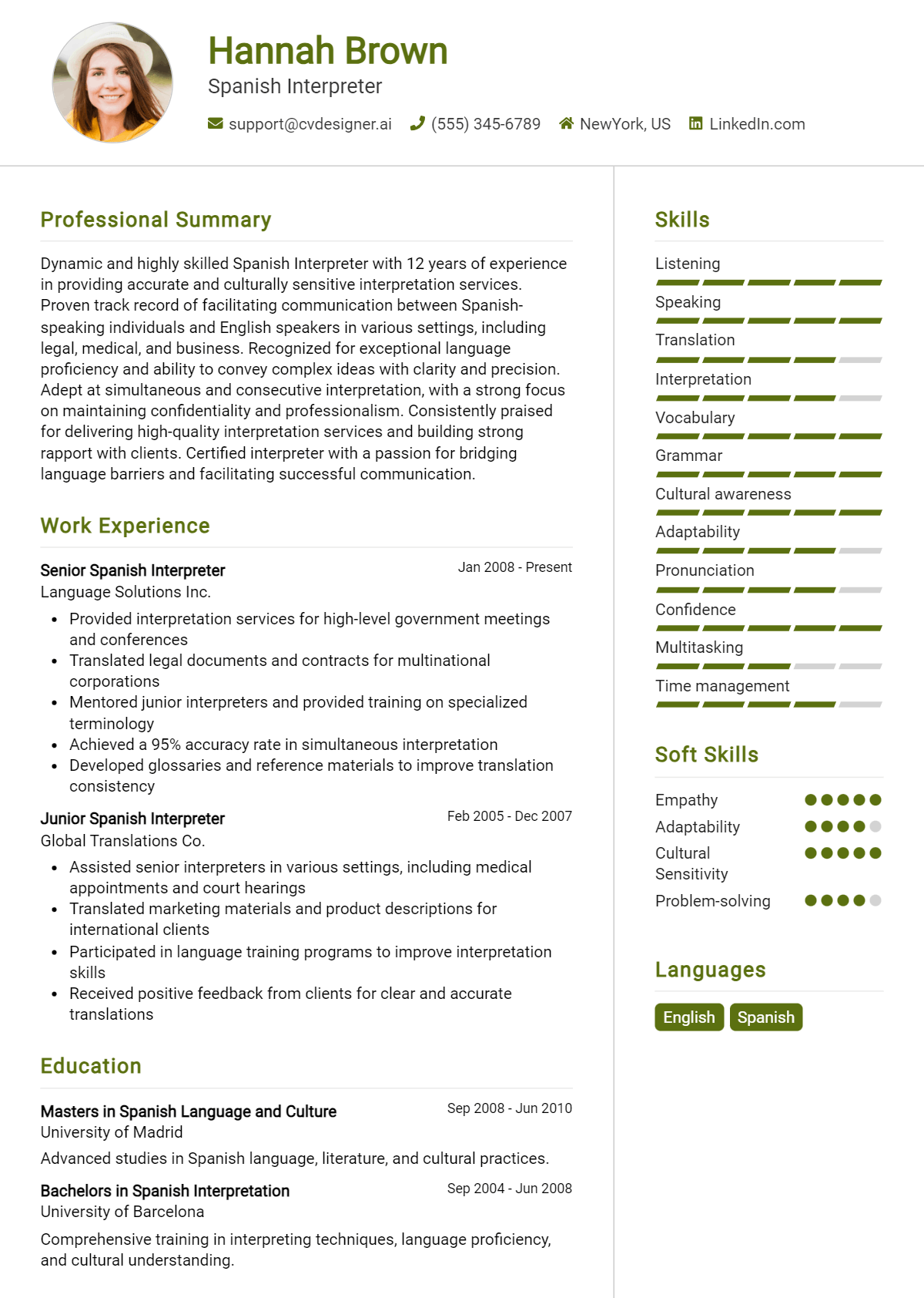 Spanish Interpreter Resume Example for 2026: Downloadable Templates Preview