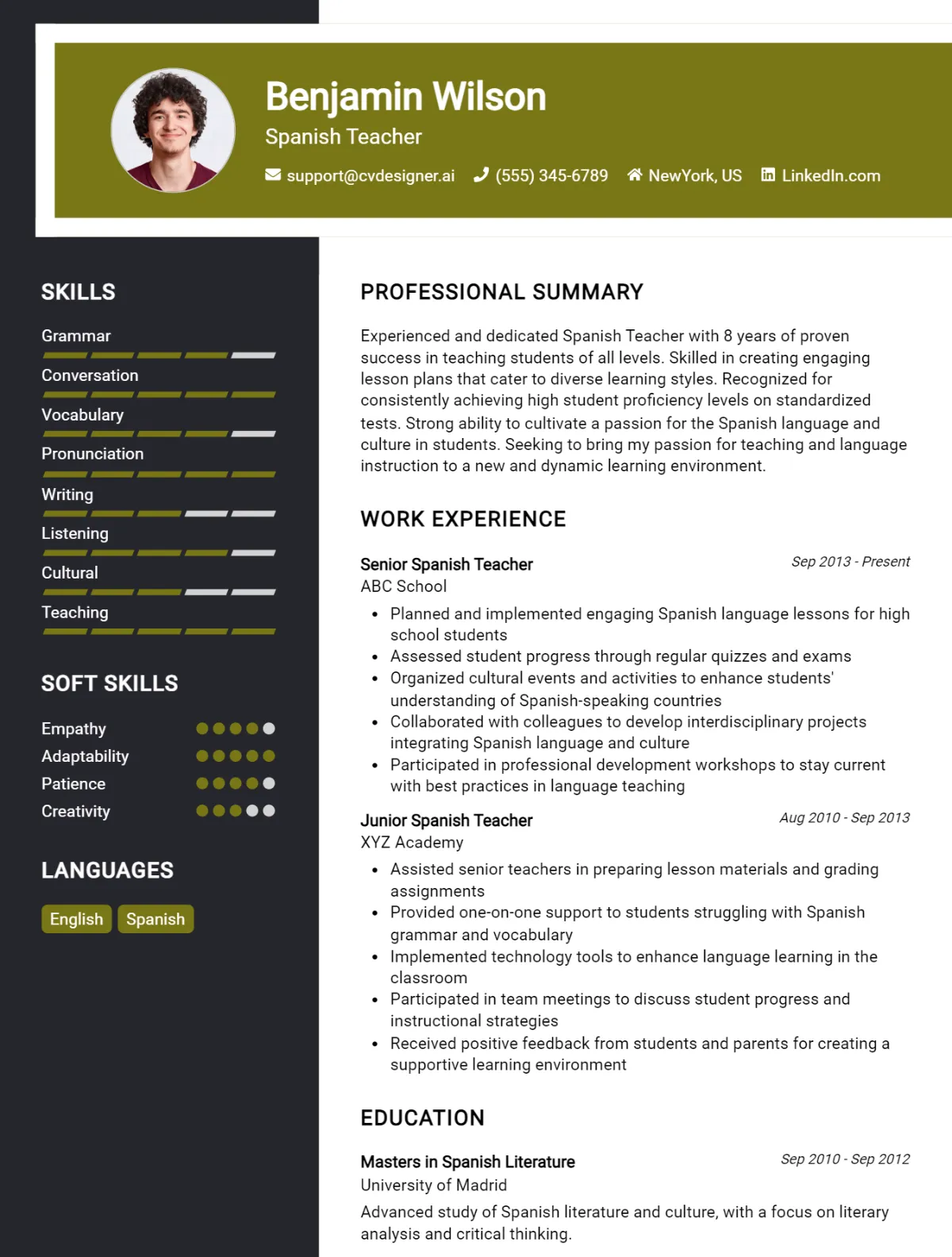 Spanish Teacher CV Example For 2026: Professional CV Templates Preview
