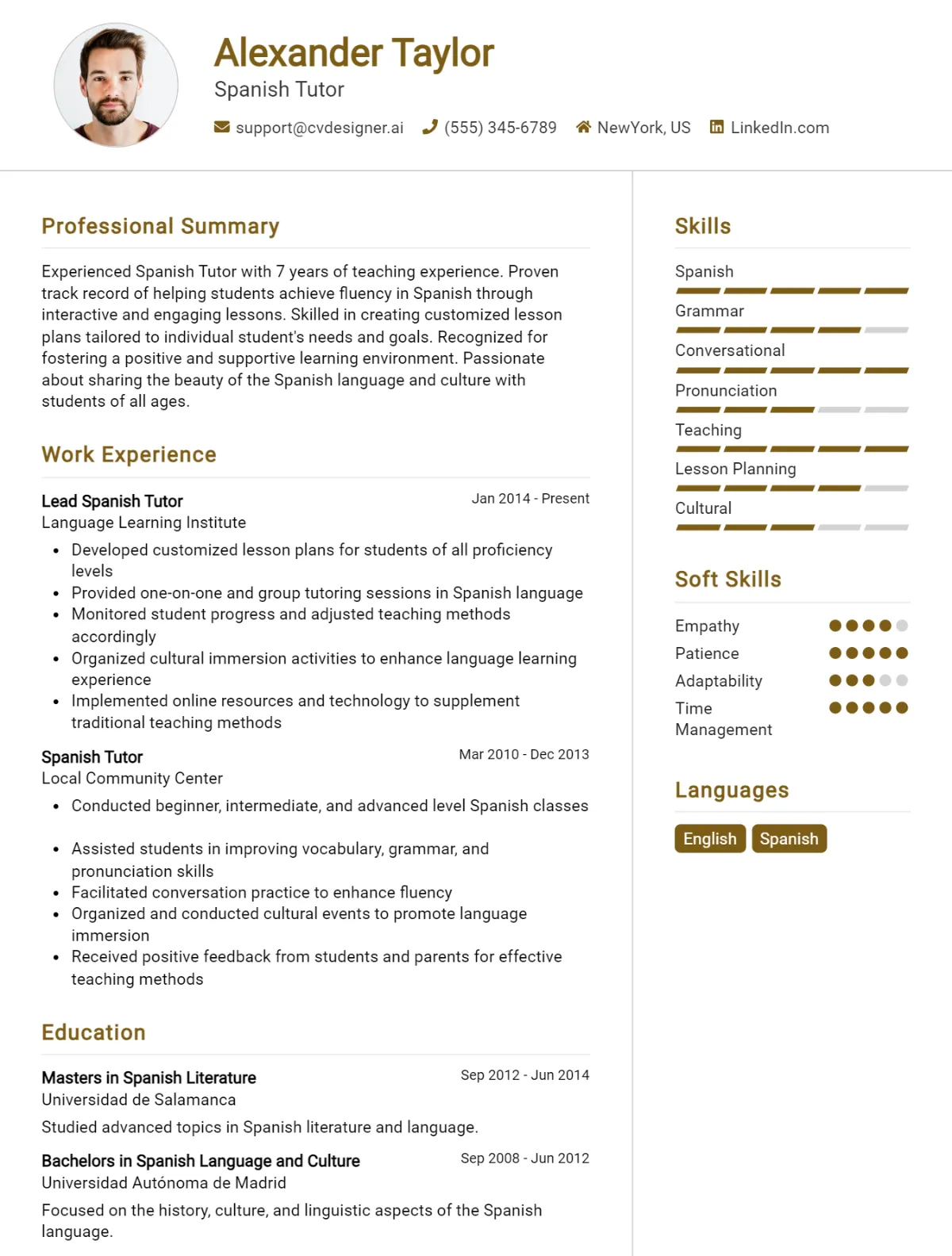 Spanish Tutor CV Example For 2026: Examples & Free Templates Preview