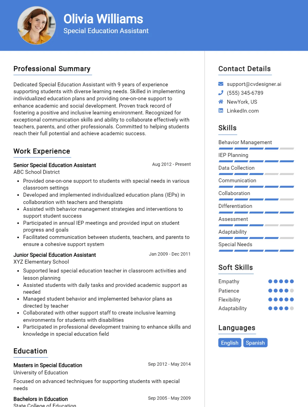 Special Education Assistant CV Example For 2026: Free Downloadable Templates Preview