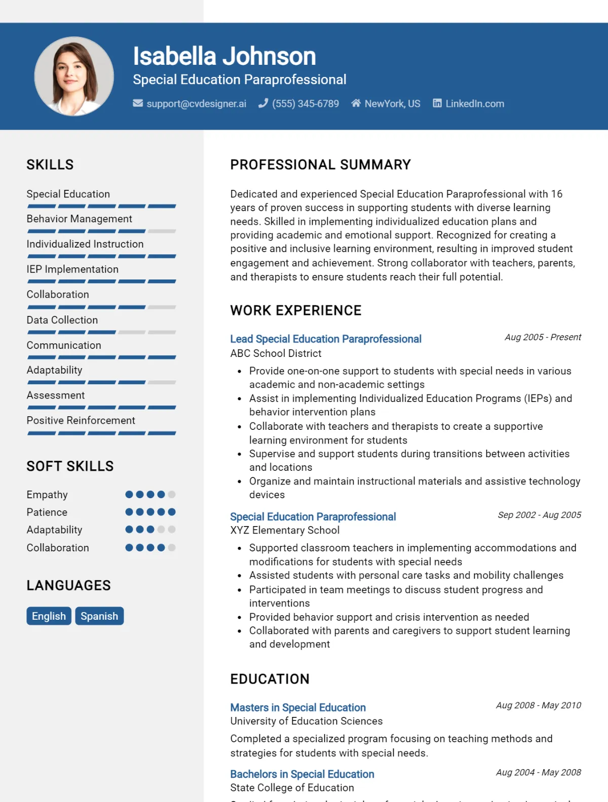 Special Education Paraprofessional CV Example For 2026: Tips & Templates Preview