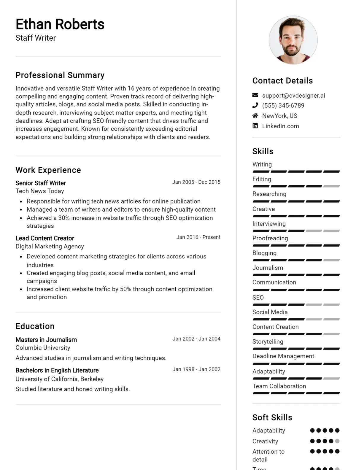 Staff Writer CV Example For 2026: How to Create a Professional CV Preview