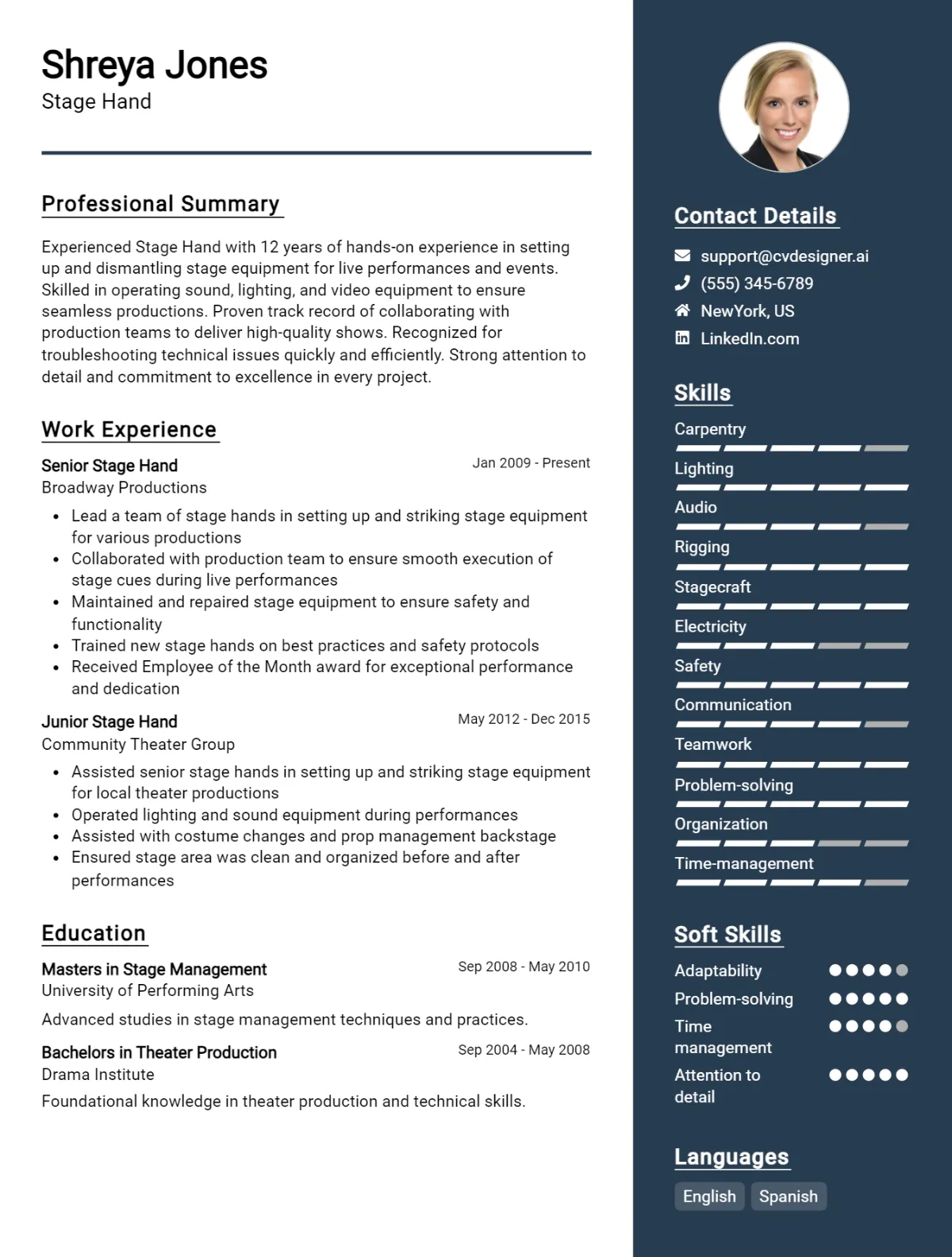 Stage Hand CV Example For 2026: Professional CV Templates Preview