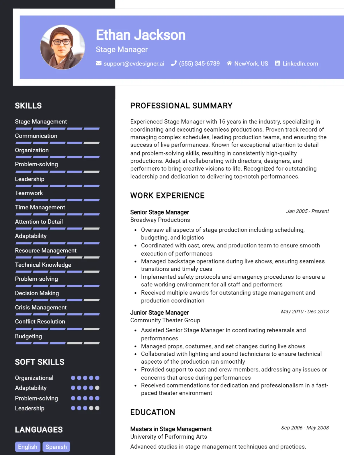 Stage Manager CV Example For 2026: Free Downloadable Templates Preview