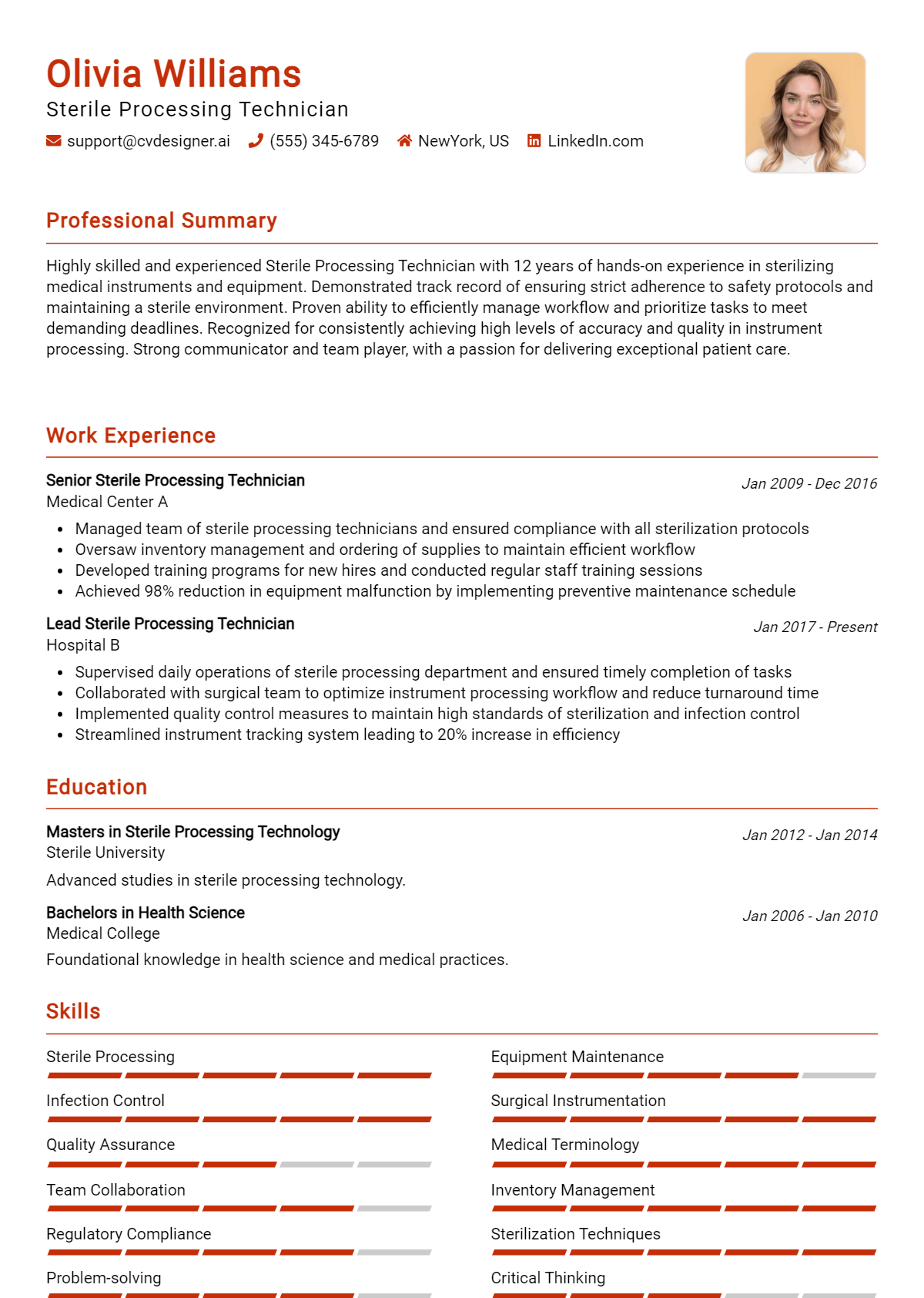 Sterile Processing Technician Resume Example for 2026: Top CV Skills Preview